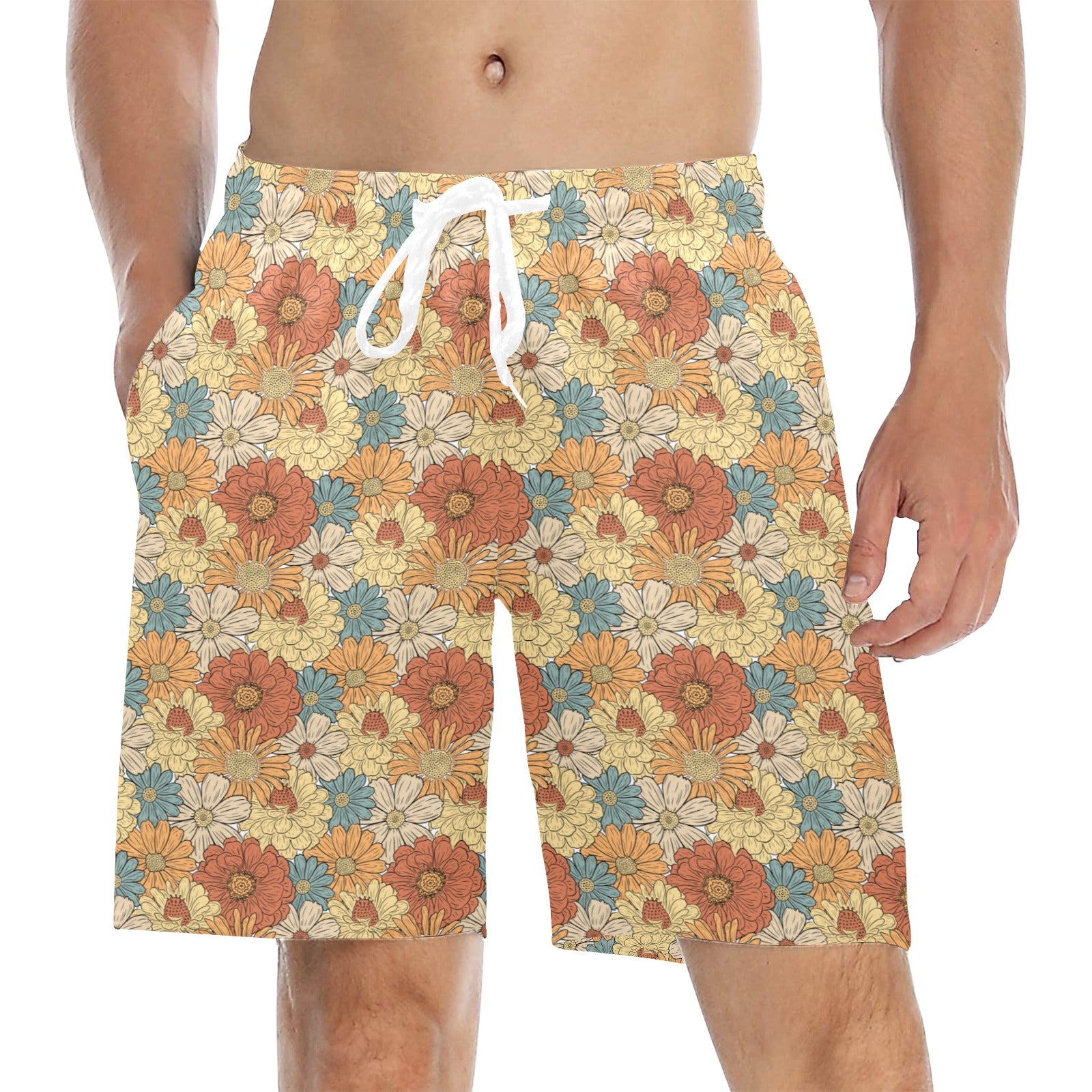 Vintage Retro Floral Men's Mid-Length Beach Shorts 5XL Men's Mid-Length Beach Shorts Plants Printed Offshore