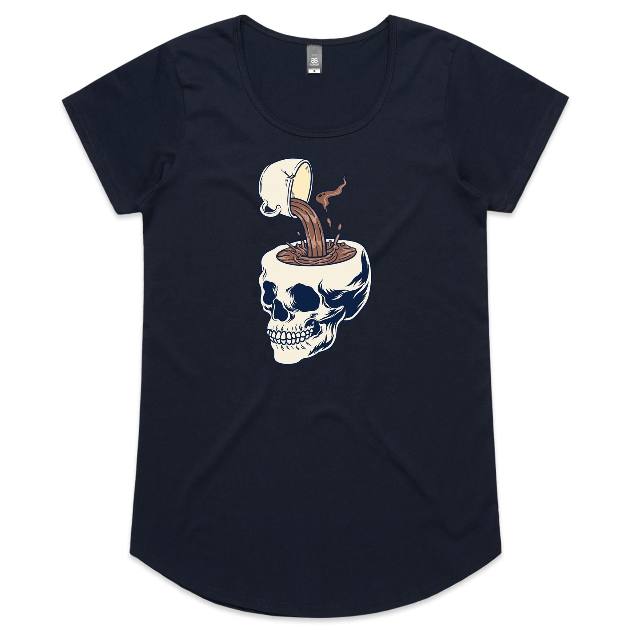 Coffee Skull - Womens Scoop Neck T-Shirt Navy Womens Scoop Neck T-shirt Coffee Printed In Australia