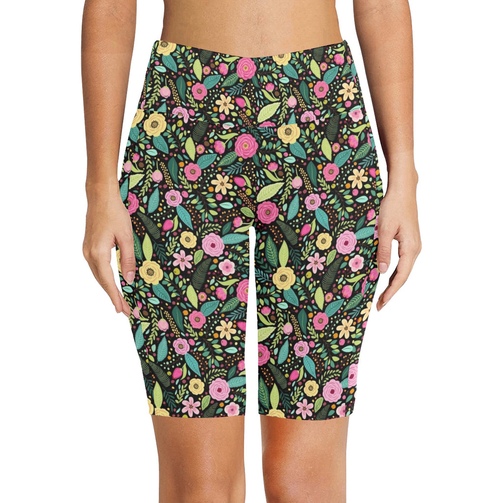 Bright Floral And Leaves Women's Bike Shorts With Side Pockets