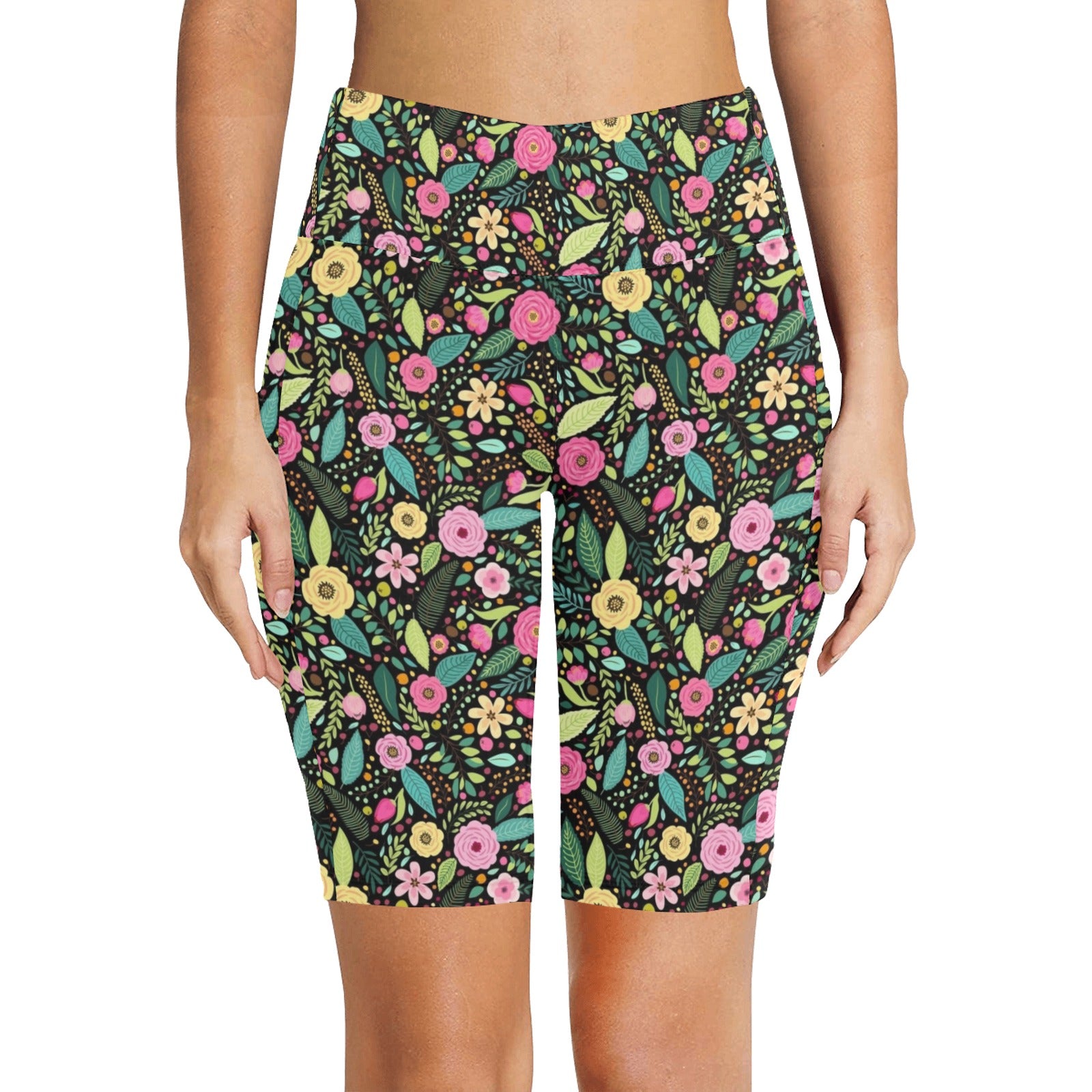 Bright Floral And Leaves Women's Bike Shorts With Side Pockets