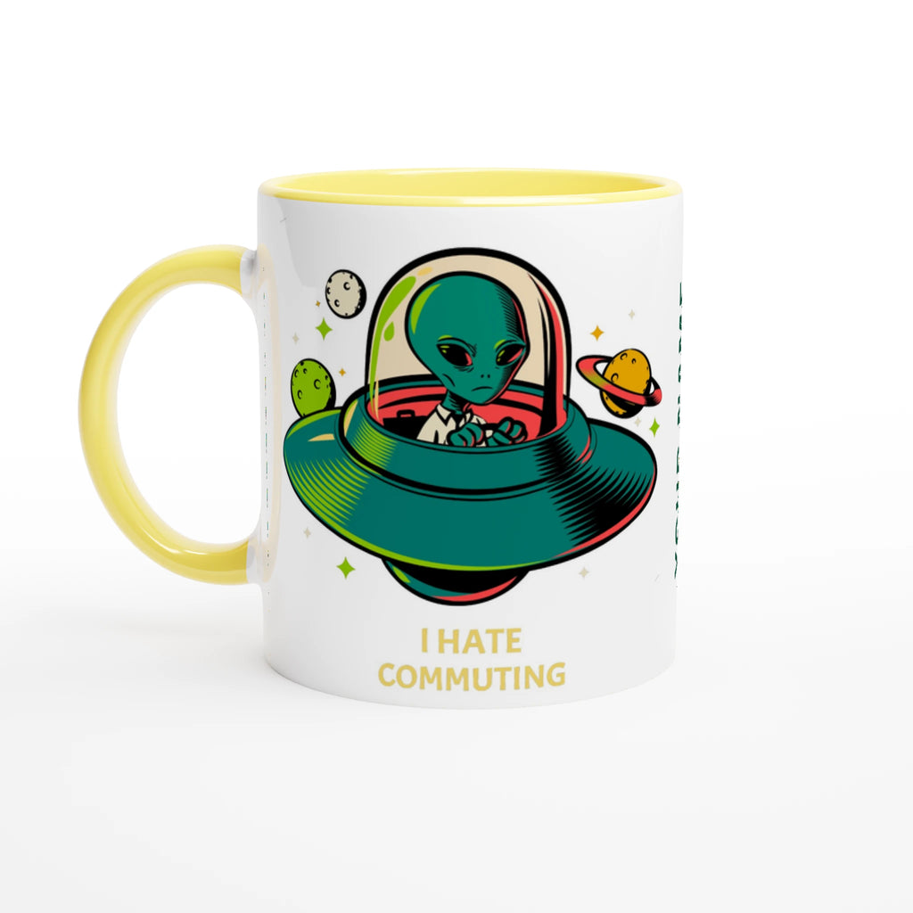 Personalise - Alien Commute, UFO - White 11oz Ceramic Mug Ceramic Yellow Personalised Mug customise Globally Fulfilled personalise Sci Fi