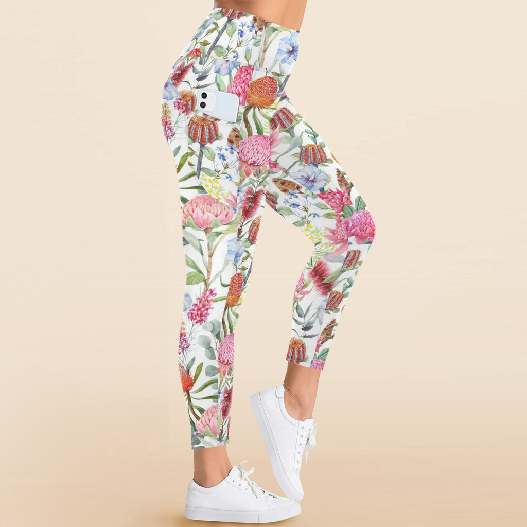 Australian Flowers - Women's High Waist Pockets Yoga Leggings