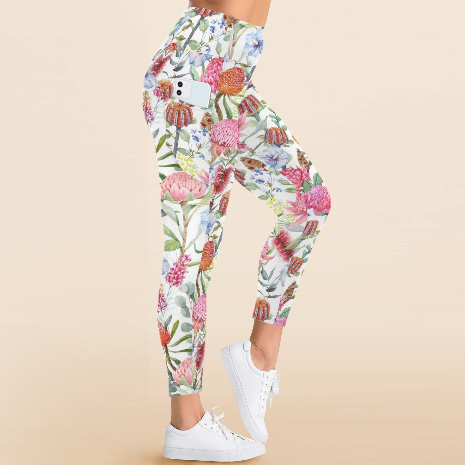 Australian Flowers - Women's High Waist Pockets Yoga Leggings
