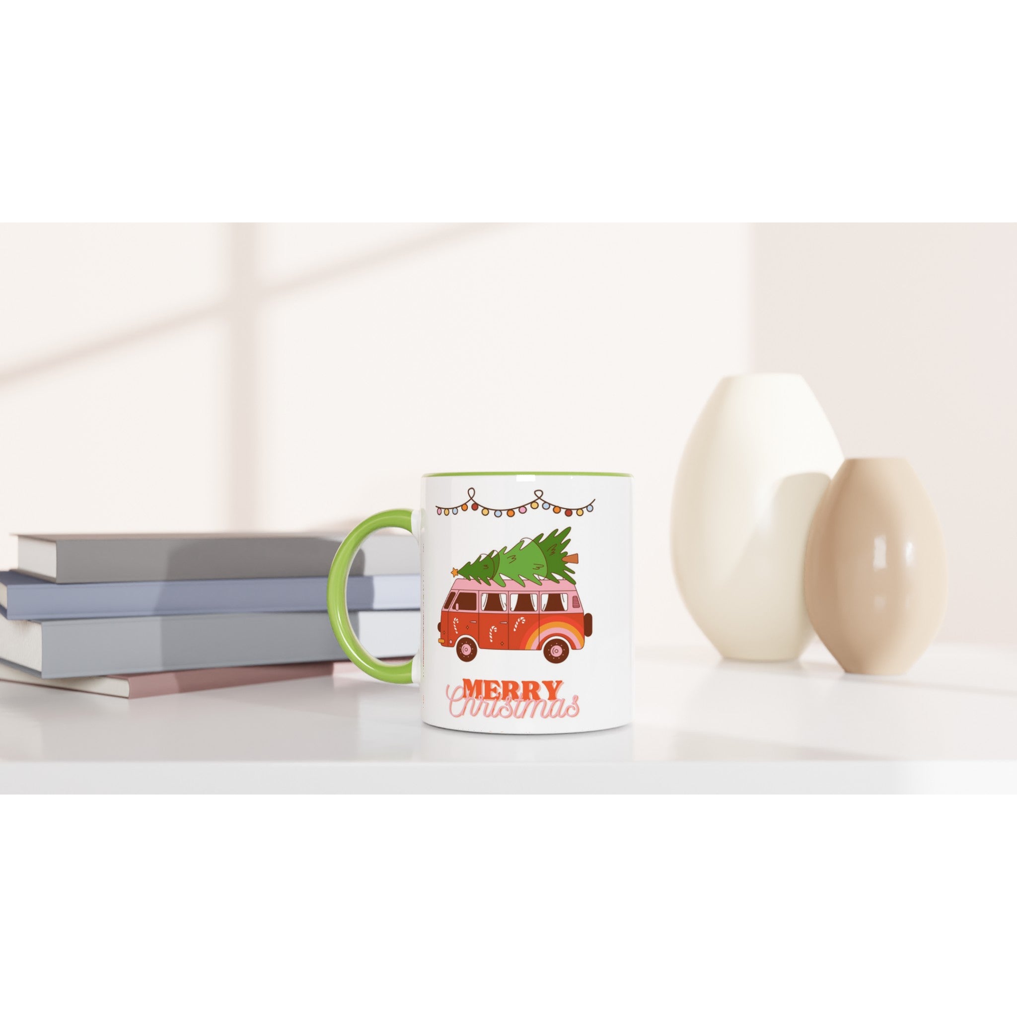 Christmas Tree On Peace Van - White 11oz Ceramic Mug with Colour Inside Christmas Colour Mug Christmas Globally Fulfilled