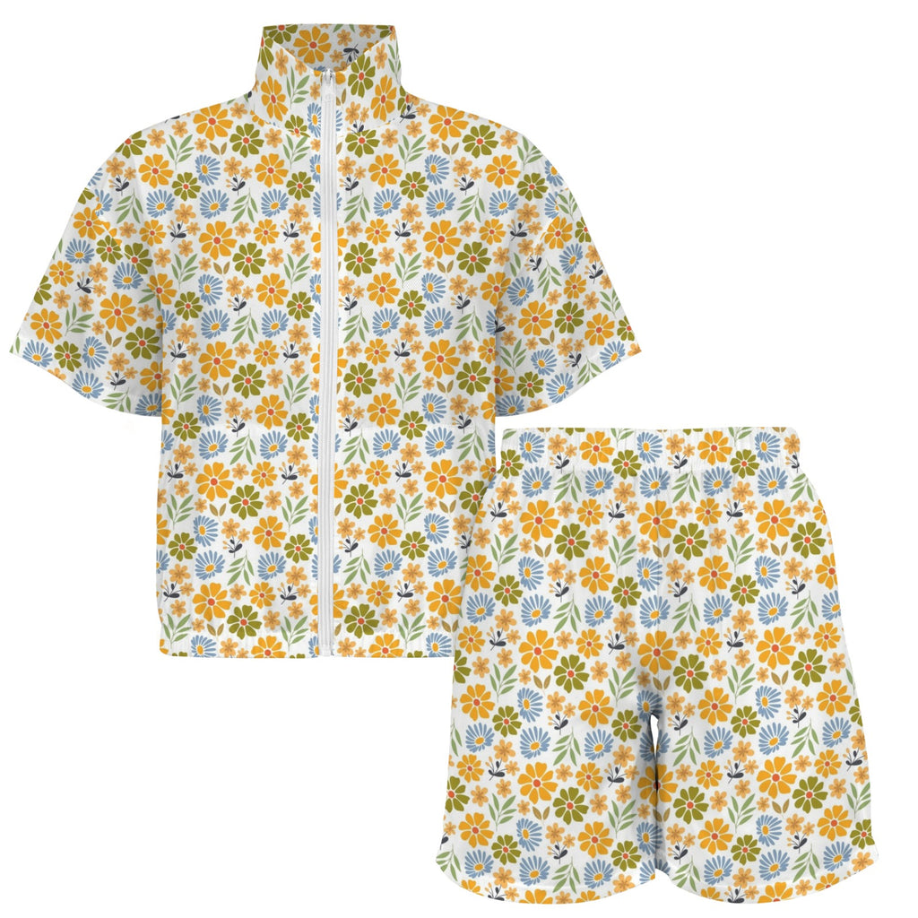 Retro Boho Flower Women's Windbreaker Short Set Women's Windbreaker Short Set Plants Printed Offshore