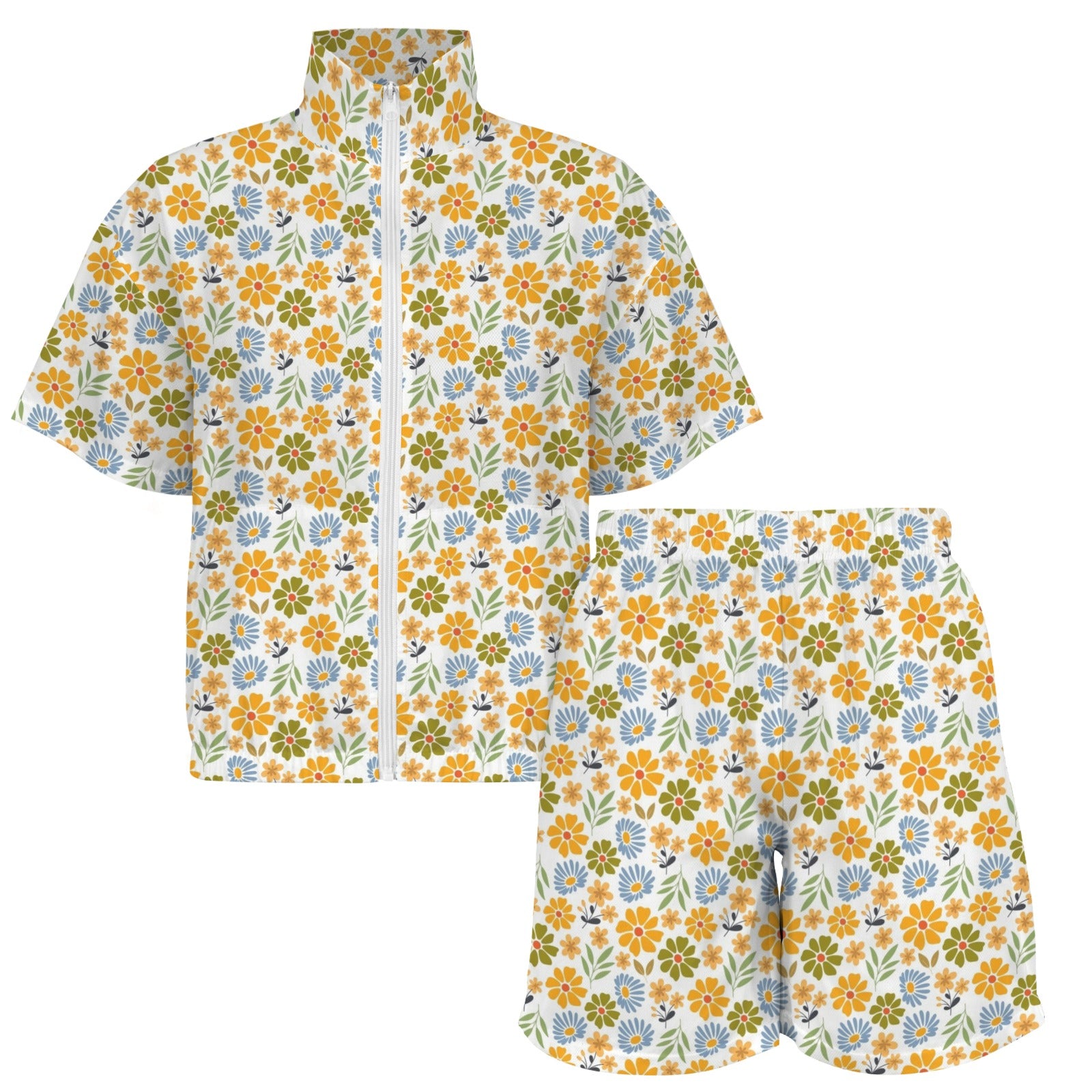 Retro Boho Flower Women's Windbreaker Short Set Women's Windbreaker Short Set Plants Printed Offshore