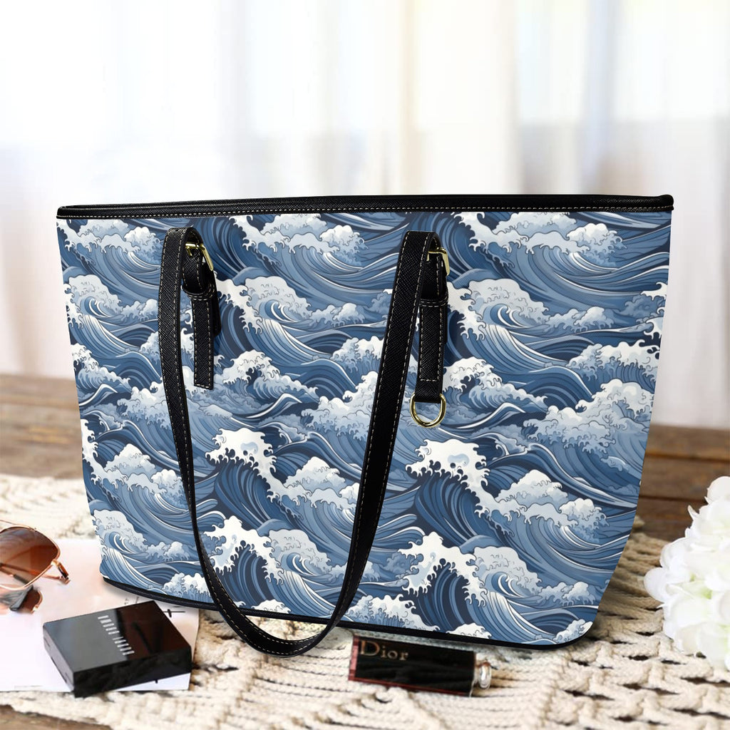 Japanese Waves PU Leather Tote Bag Large Leather Tote Bag-Large Ocean Printed Offshore