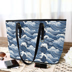 Japanese Waves PU Leather Tote Bag Large Leather Tote Bag-Large Ocean Printed Offshore