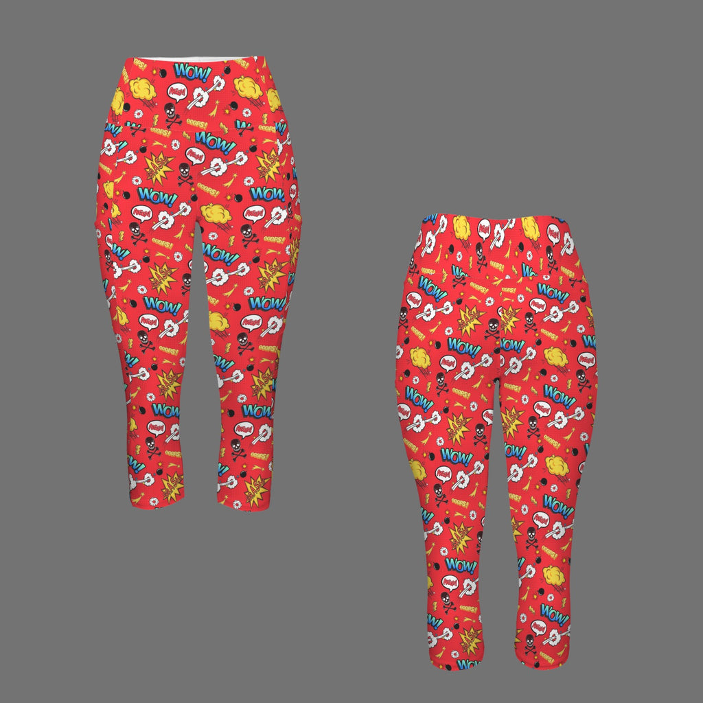 Comic Book Red Women's High Waist Pocket Capri Yoga Leggings Women's High Waist Capri Yoga Leggings comic Printed Offshore