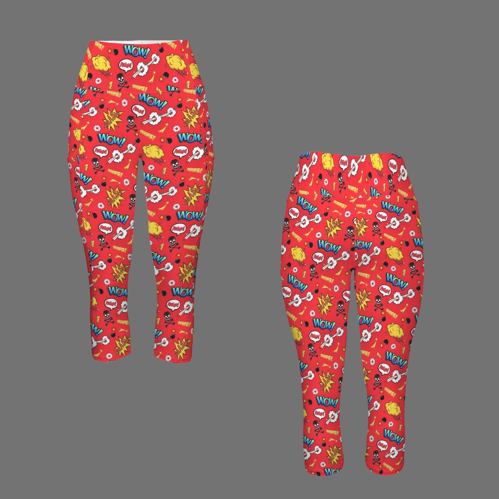 Comic Book Red Women's High Waist Pocket Capri Yoga Leggings Women's High Waist Capri Yoga Leggings comic Printed Offshore