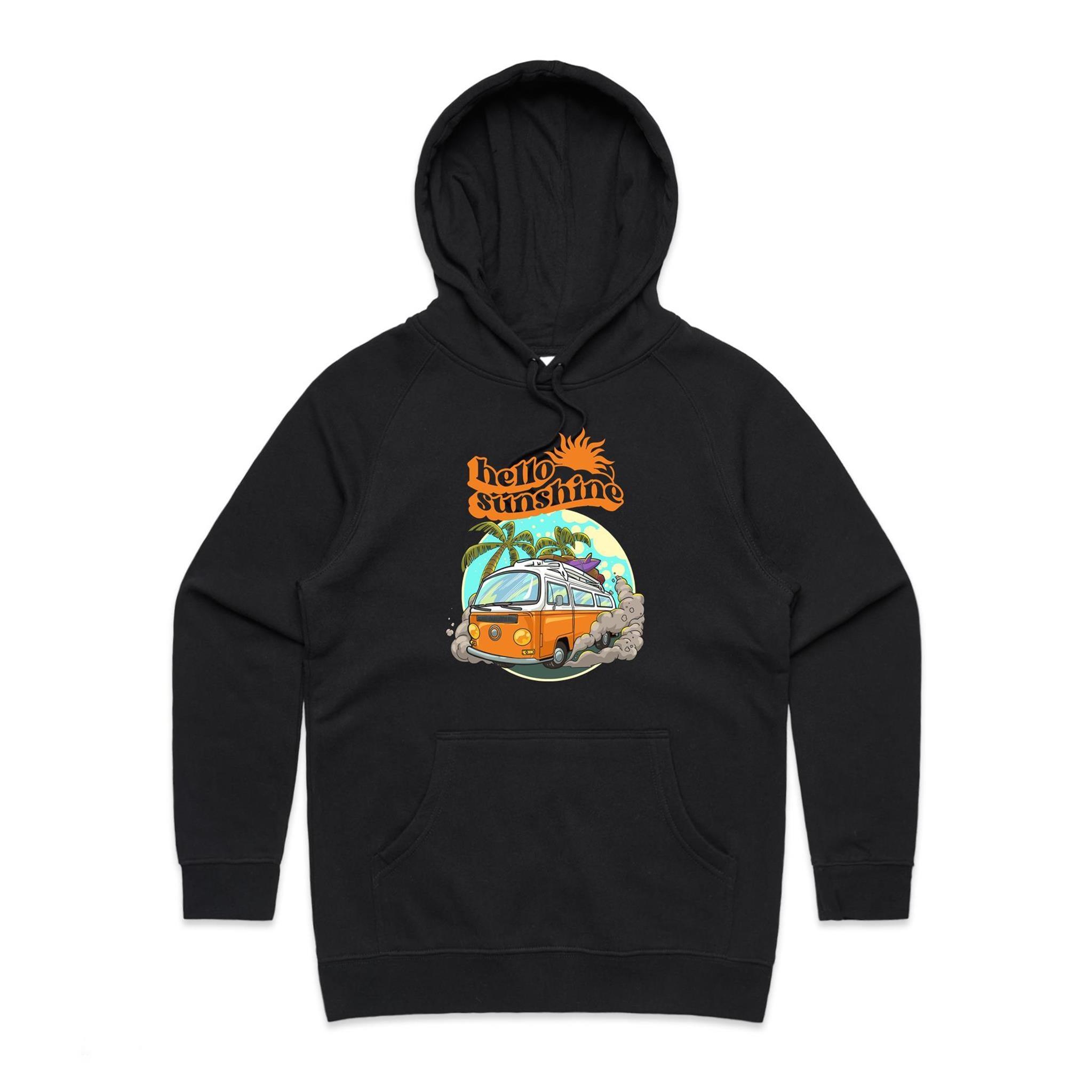 Hello Sunshine, Beach Van - Womens Hoodie Black Womens Hoodie Printed In Australia Summer