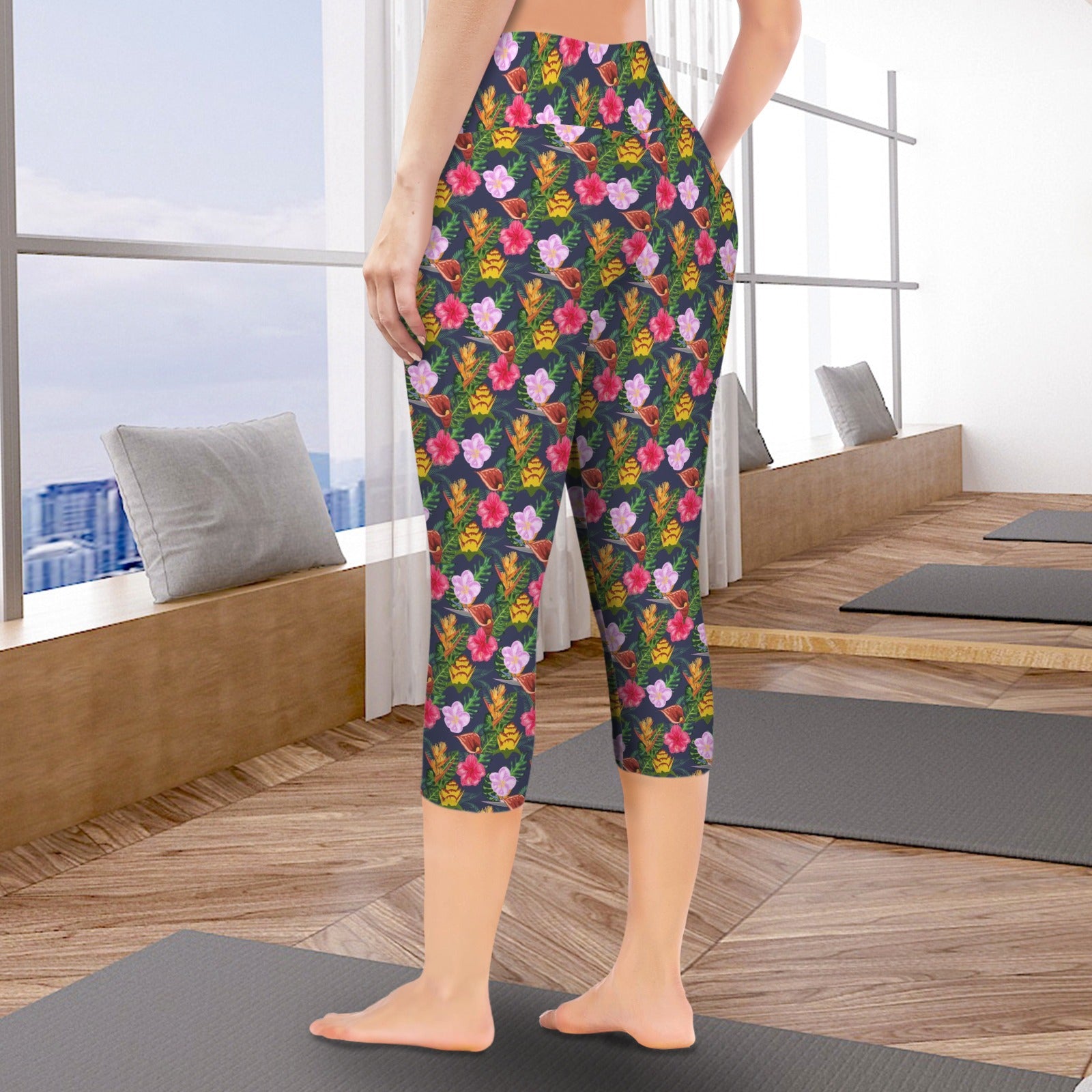 Tropical Floral - Women's High Waist Pocket Capri Yoga Leggings