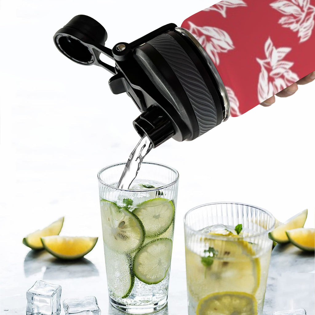 Red Retro Foliage, Hawaiian Flower - Insulated Water Bottle with Dual-Use Lid (18oz) Insulated Water Bottle with Dual-Use Lid (18oz) Printed Offshore Surf