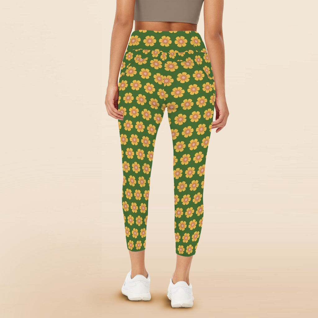 Yellow Flowers On Green Women's High Waist Pockets Yoga Leggings