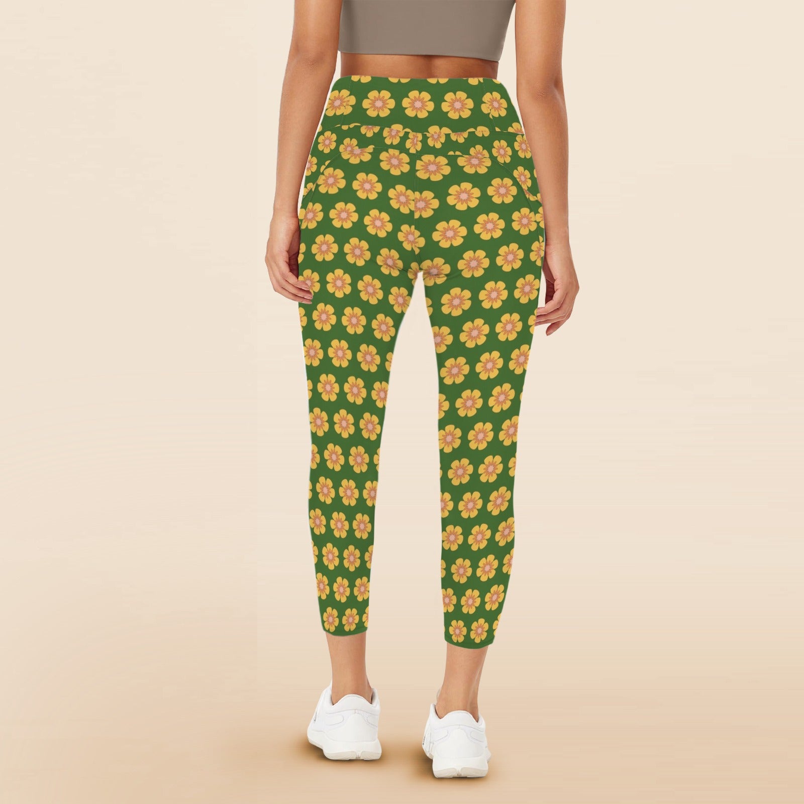 Yellow Flowers On Green Women's High Waist Pockets Yoga Leggings