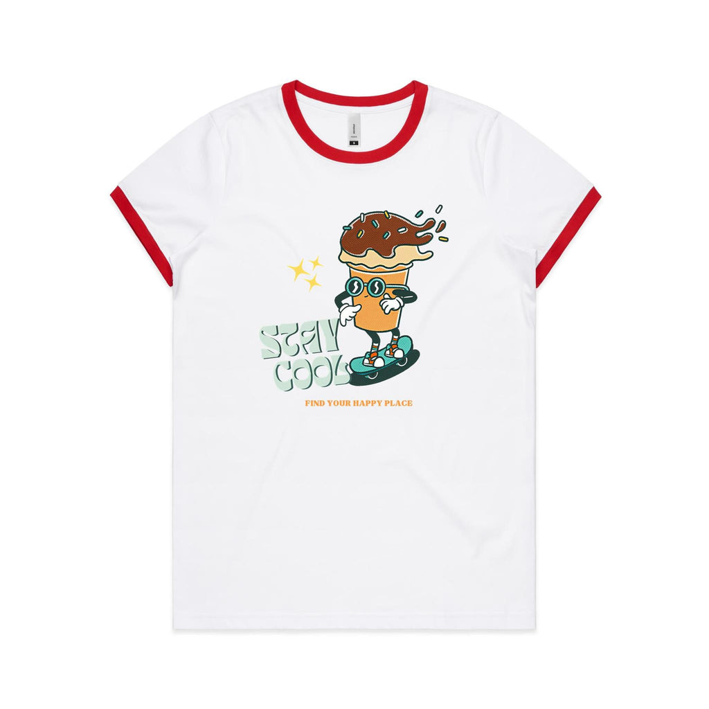 Stay Cool, Ice Cream, Skateboard - Women's Ringer Tee White Red Womens Ringer T-shirt Printed In Australia Summer