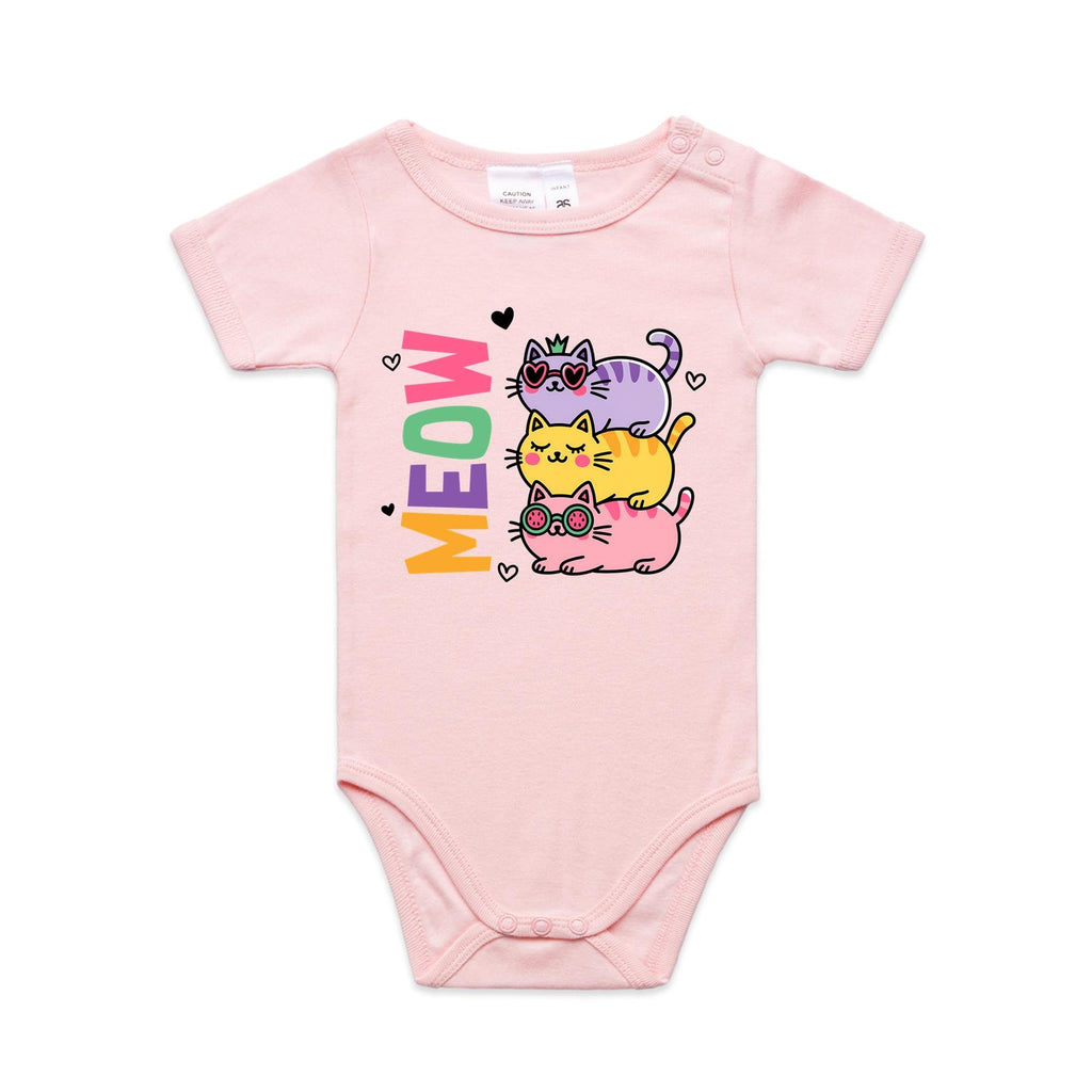 Meow, Colourful Cats AS Colour Baby Bodysuit Pink Baby Bodysuit animal Printed In Australia