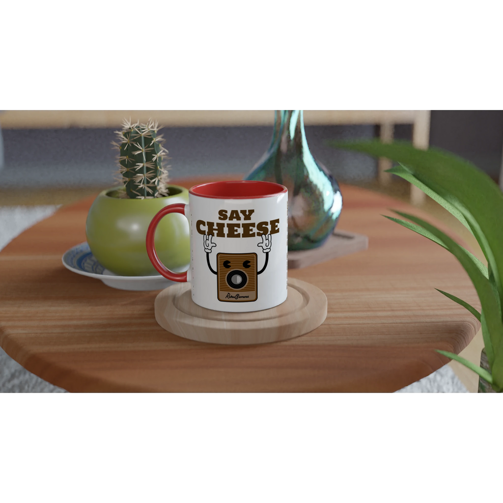 Personalised - Say Cheese, Retro Camera - White 11oz Ceramic Mug with Colour Inside Personalised 11oz Mug customise Globally Fulfilled personalise Retro Tech