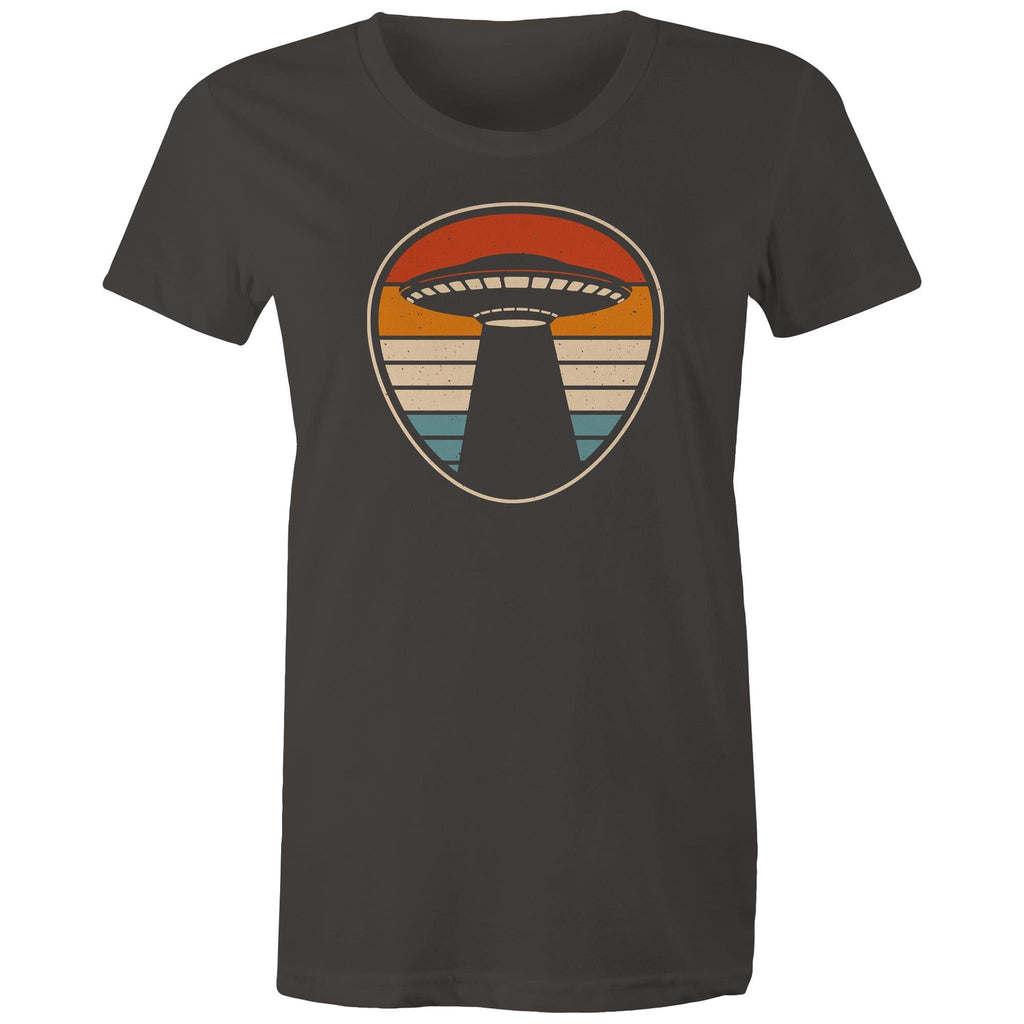 UFO, Retro Stripes - Womens T-shirt Charcoal Womens T-shirt Printed In Australia