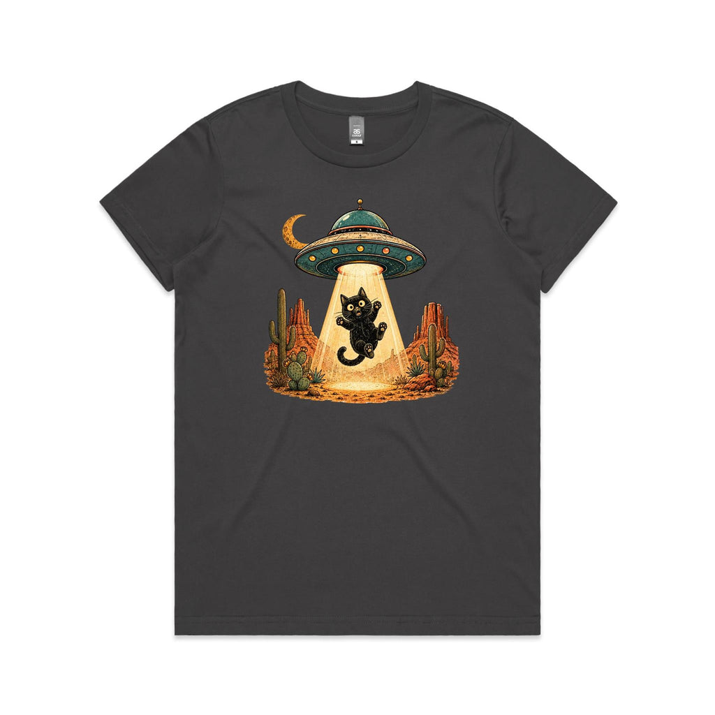 Black Cat Alien UFO Abduction Women's AS Colour T-shirt Charcoal Womens T-shirt animal Printed In Australia Sci Fi