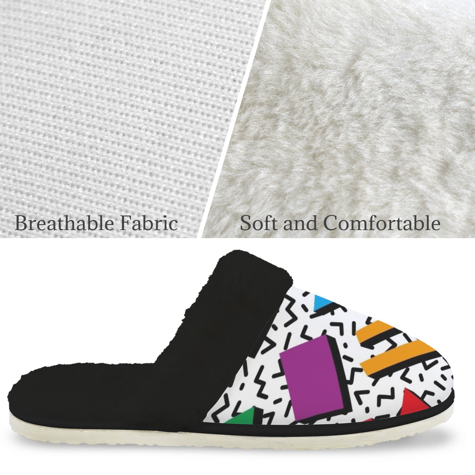 80's Abstract - Women's Fur Trim Thick-Sole Indoor Slippers Women's Fur Trimmed Slippers Printed Offshore Retro