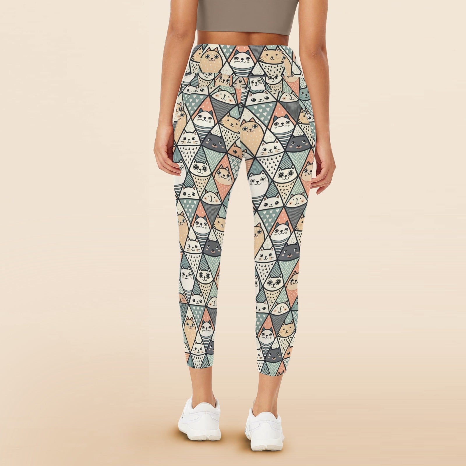 Diamond Cat Pattern - Women's High Waist Pockets Yoga Leggings