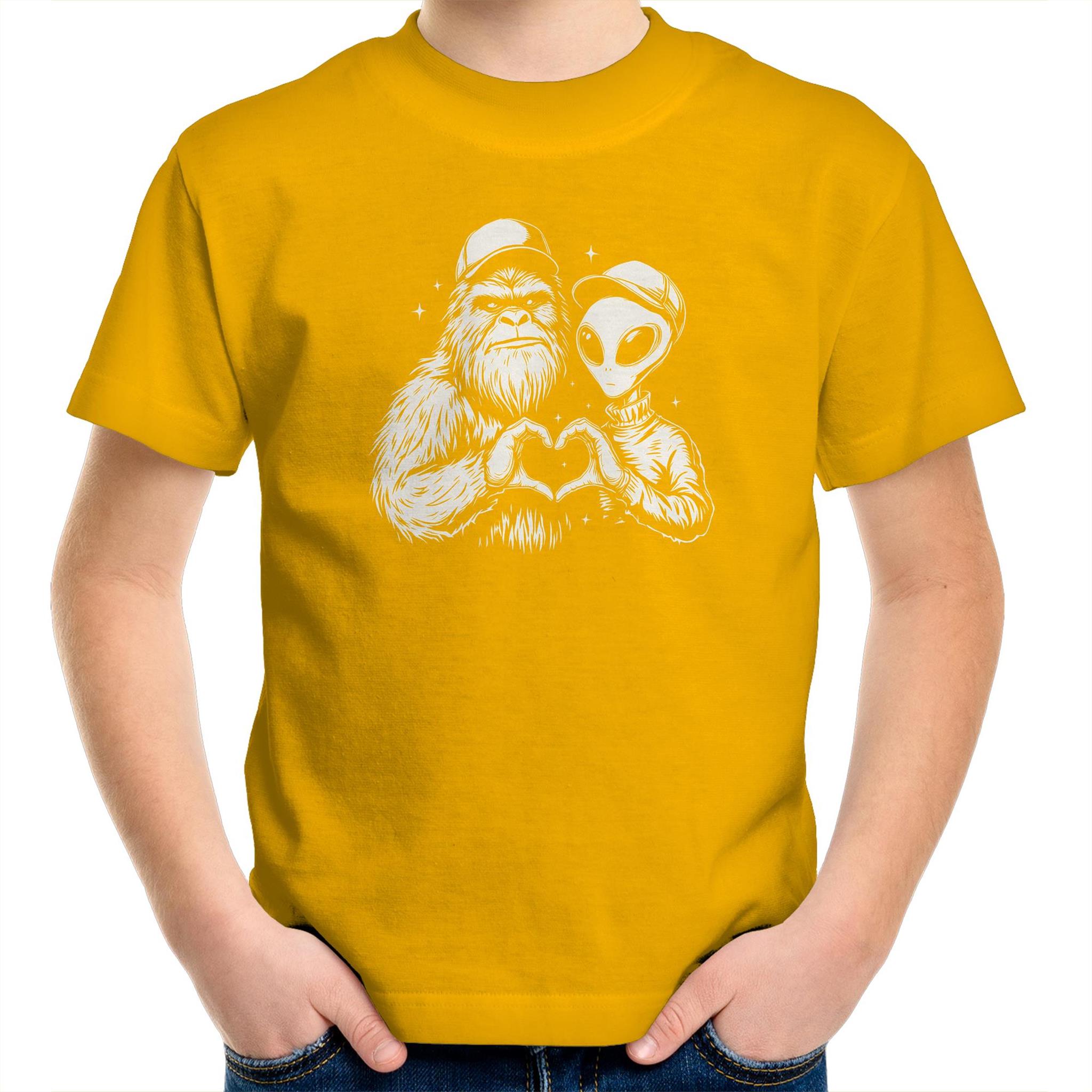 Alien Bigfoot Heart Hands - Kids Youth T-shirt Gold Kids Youth T-shirt Love Printed In Australia Sci Fi