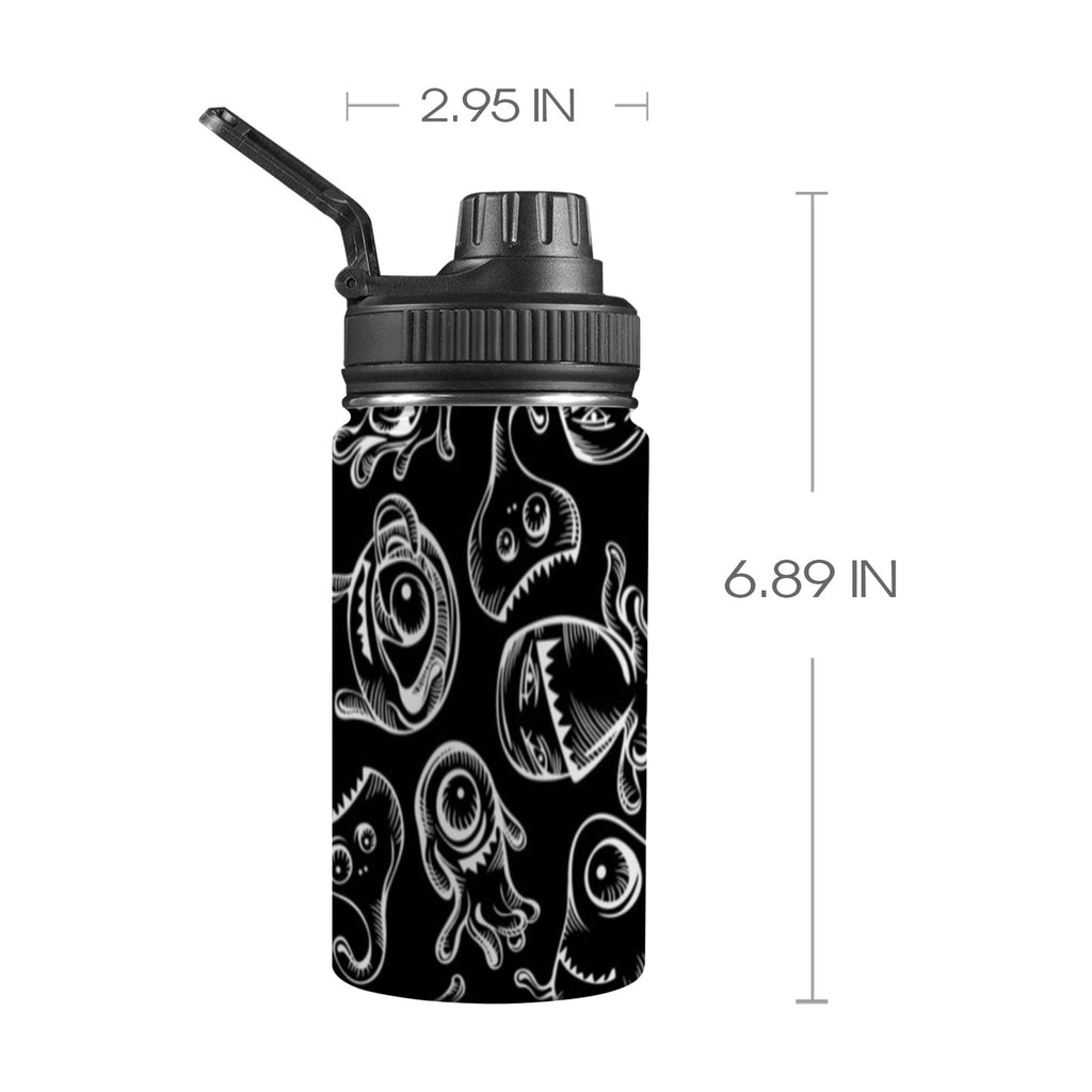 Monsters In Black And White Kids Water Bottle with Chug Lid (12 oz) One Size Kids Water Bottle with Chug Lid Printed Offshore Sci Fi