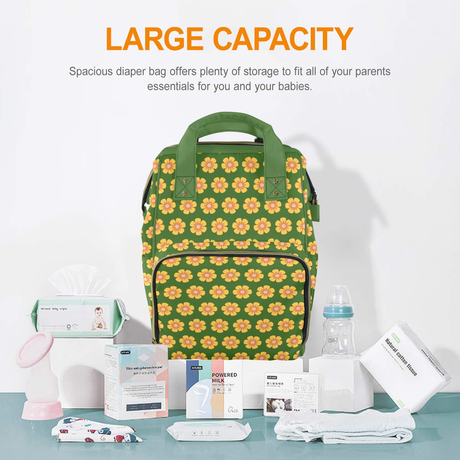 Yellow Flowers On Green Multi-Function Backpack, Nappy / Diaper Bag Multi-function Backpack, Nappy / Diaper Bag Plants Printed Offshore