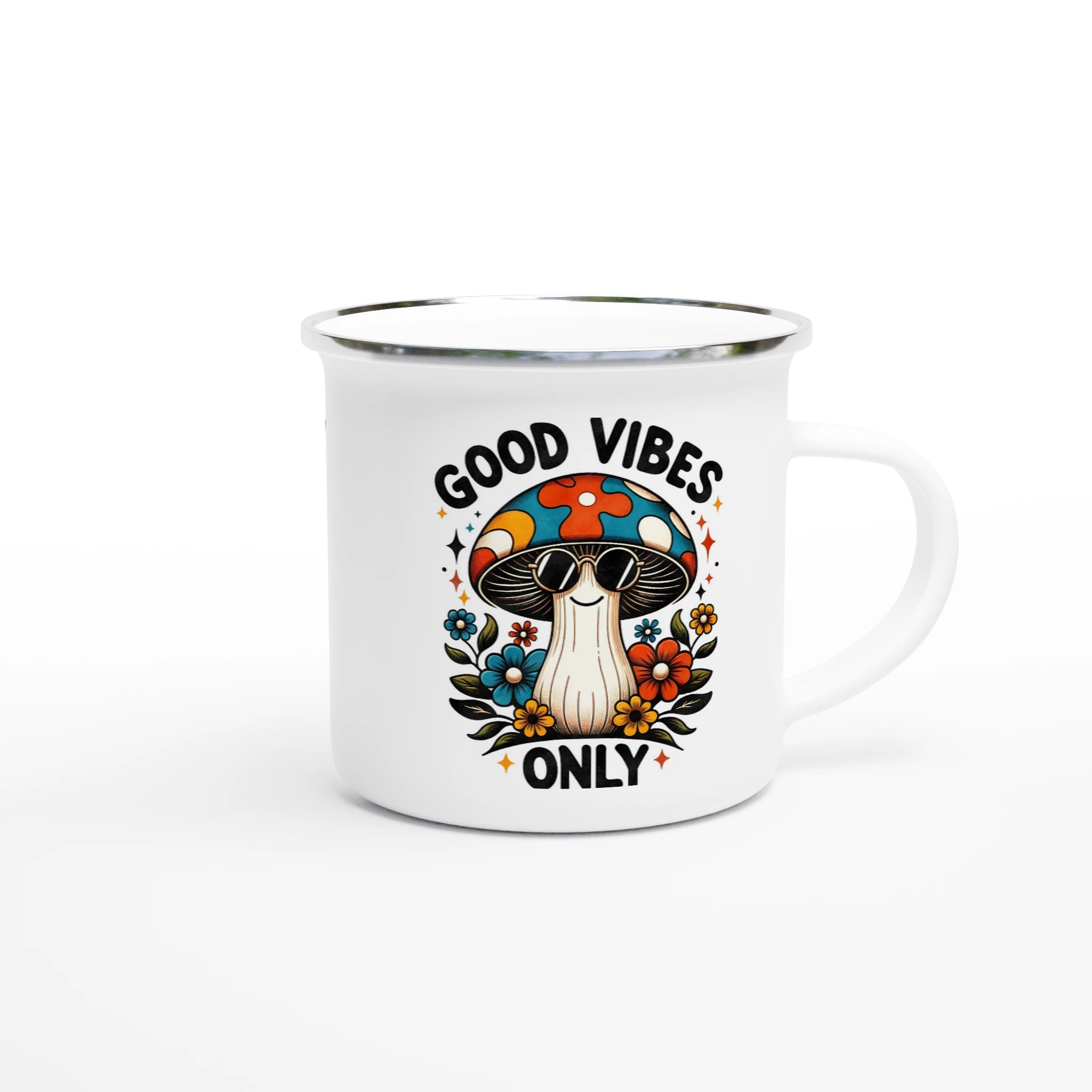 Personalised Good Vibes Only, Hippie Mushroom With Sunglasses White 12oz Enamel Mug Personalised Enamel Mug Globally Fulfilled Positivity