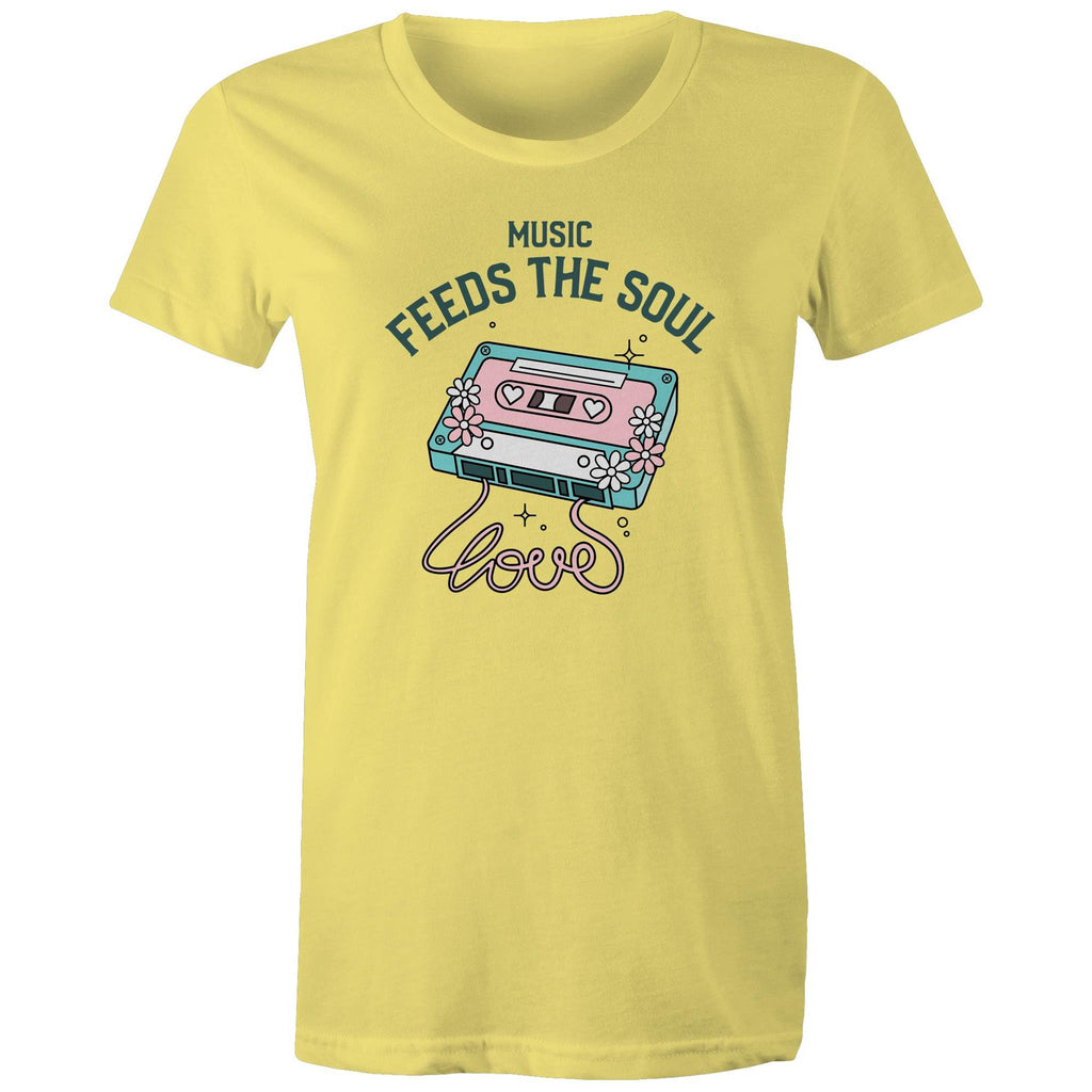 Music Feeds The Soul, Cassette Tape - Womens T-shirt Yellow Womens T-shirt Music Printed In Australia