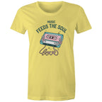 Music Feeds The Soul, Cassette Tape - Womens T-shirt Yellow Womens T-shirt Music Printed In Australia