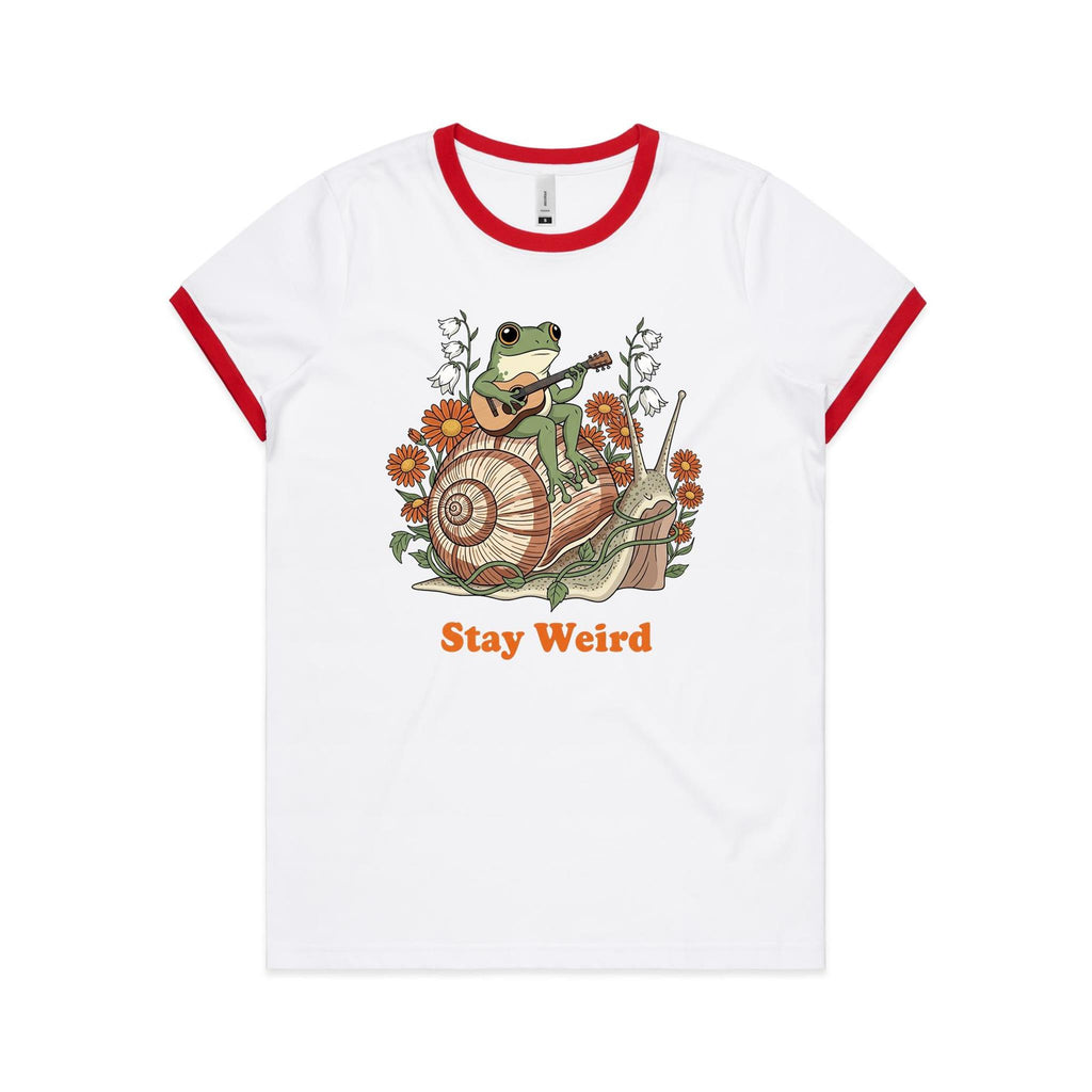 Stay Weird, Guitar Playing Frog On A Snail AS Colour Women's AS Colour Ringer Tee White Red Womens Ringer T-shirt animal Music Printed In Australia