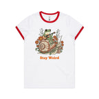 Stay Weird, Guitar Playing Frog On A Snail AS Colour Women's AS Colour Ringer Tee White Red Womens Ringer T-shirt animal Music Printed In Australia