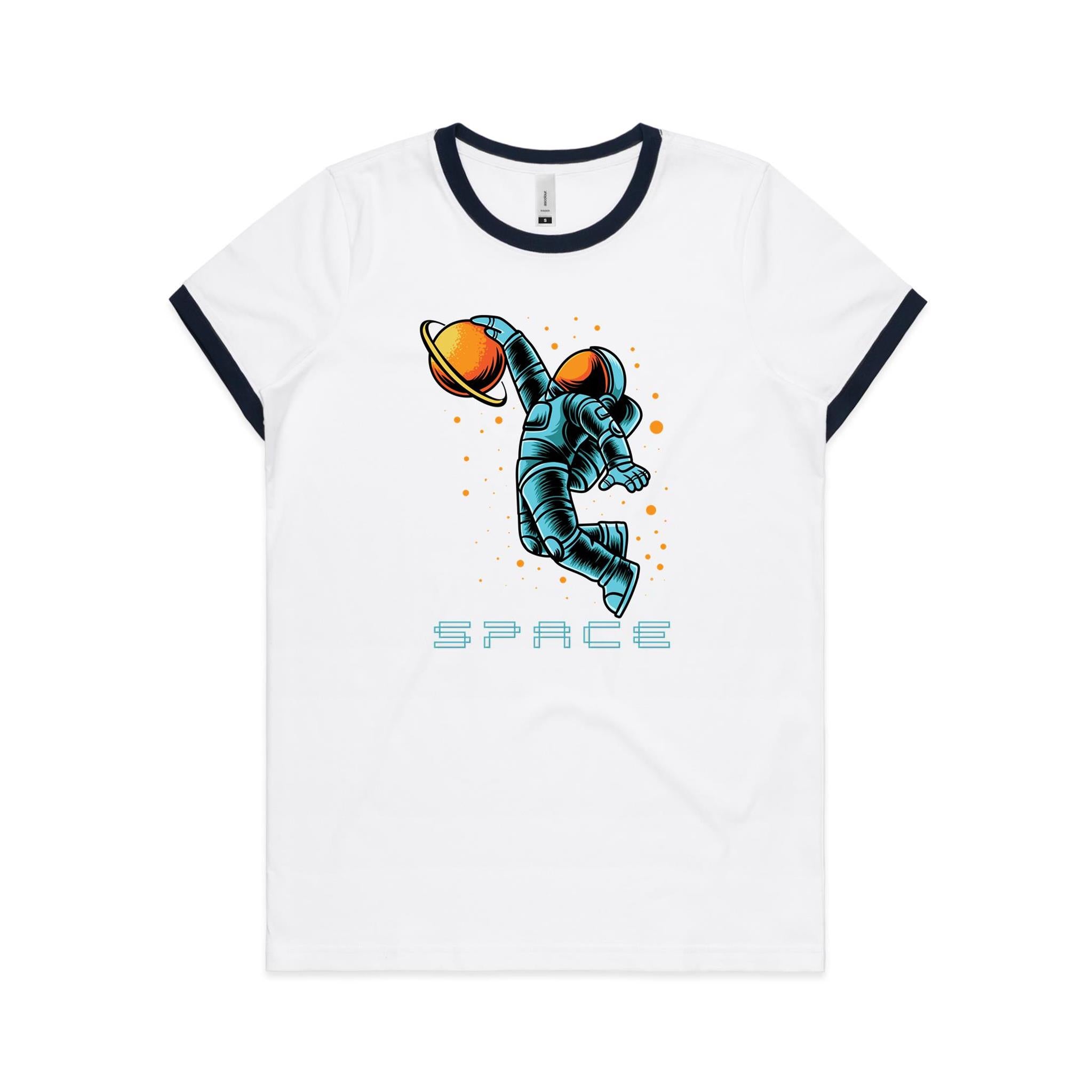 Astronaut Basketball - Women's Ringer Tee White Navy Womens Ringer T-shirt Printed In Australia Space
