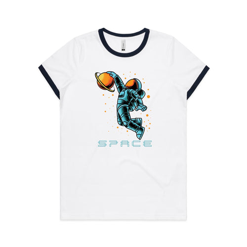 Astronaut Basketball - Women's Ringer Tee White Navy Womens Ringer T-shirt Printed In Australia Space