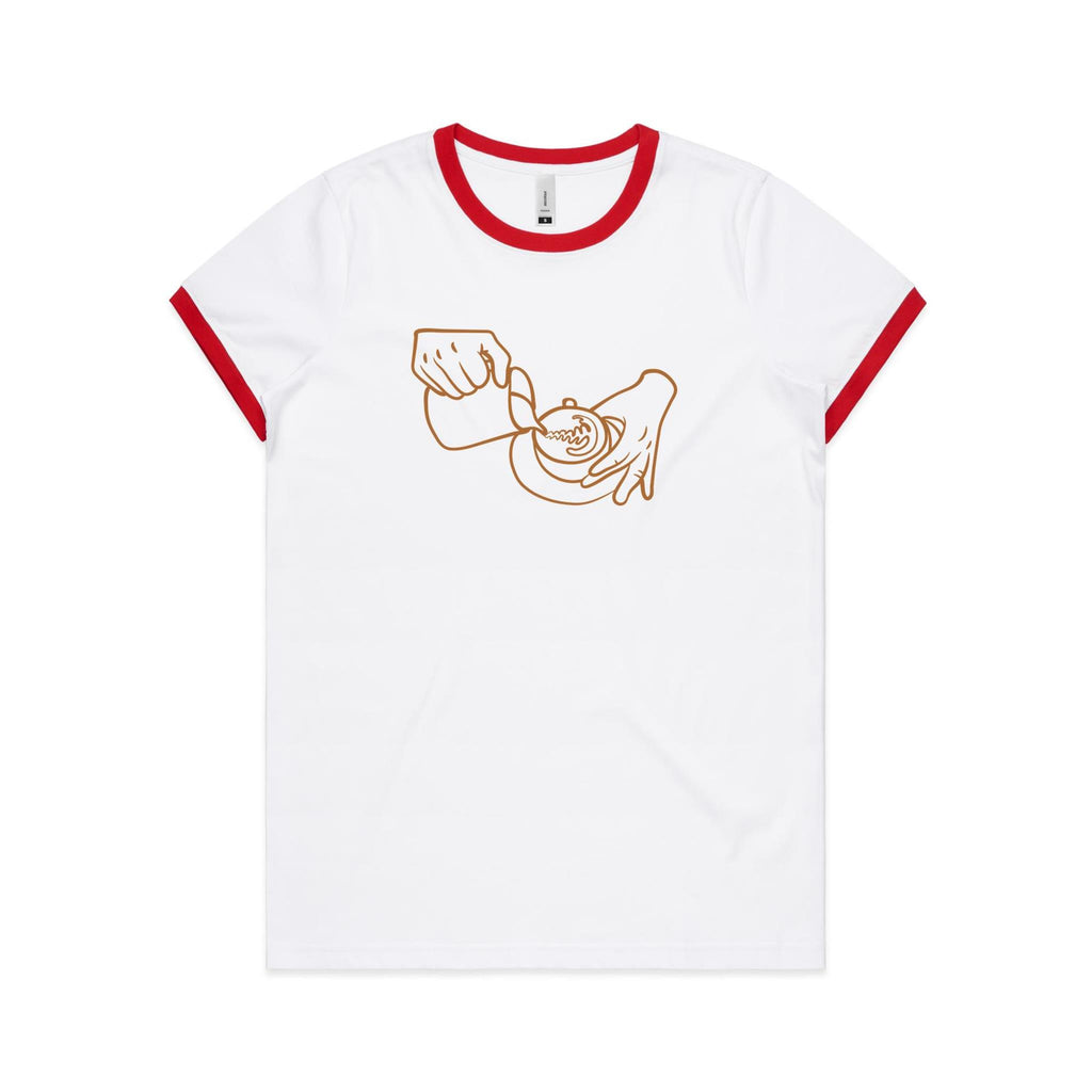 Barista - Women's Ringer Tee White Red Womens Ringer T-shirt Coffee Printed In Australia
