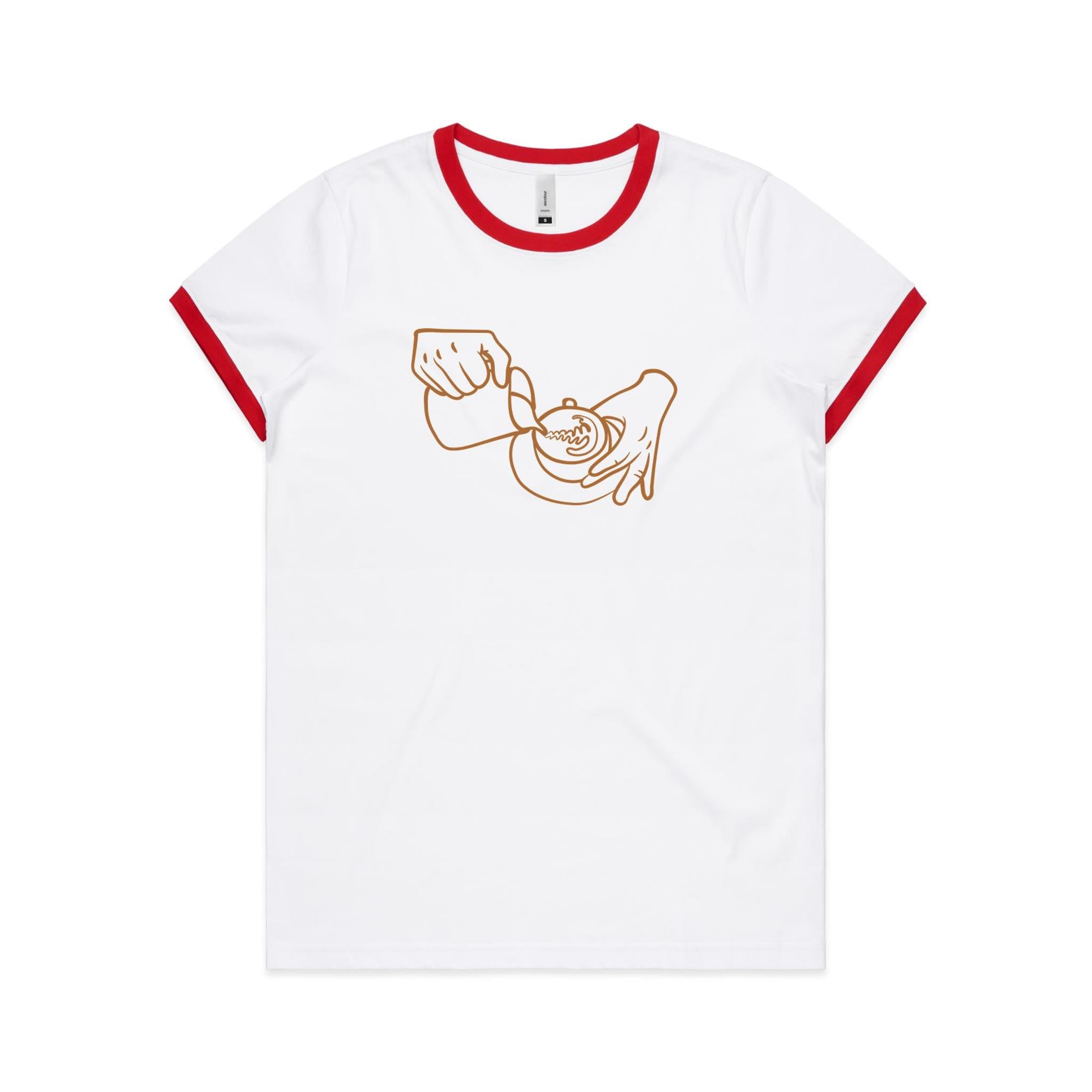 Barista - Women's Ringer Tee White Red Womens Ringer T-shirt Coffee Printed In Australia