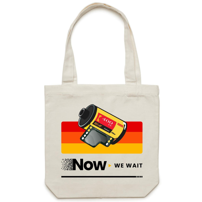 Camera Film, Now We Wait - Canvas Tote Bag Cream One Size Tote Bag Printed In Australia Retro