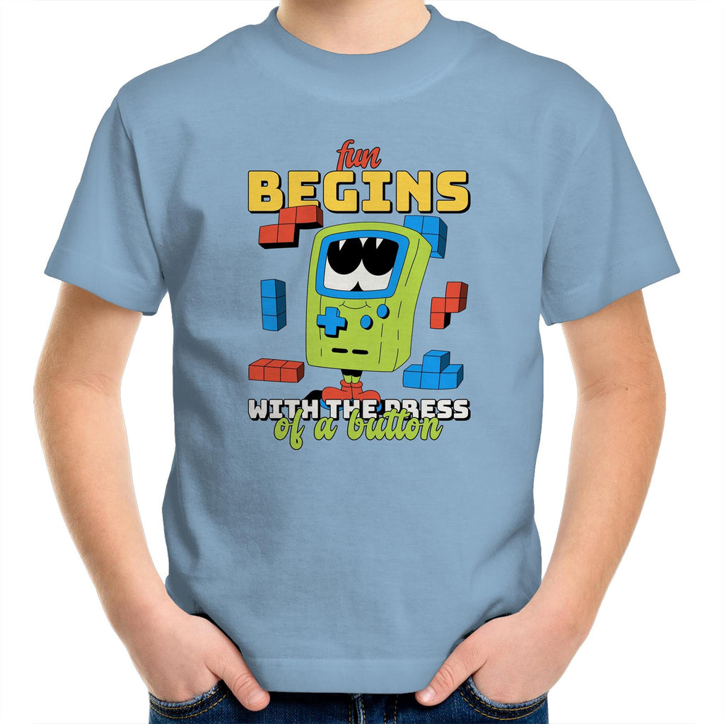 Fun Begins With The Press Of A Button, Video Game - Kids Youth T-Shirt Carolina Blue Kids Youth T-shirt Games Printed In Australia