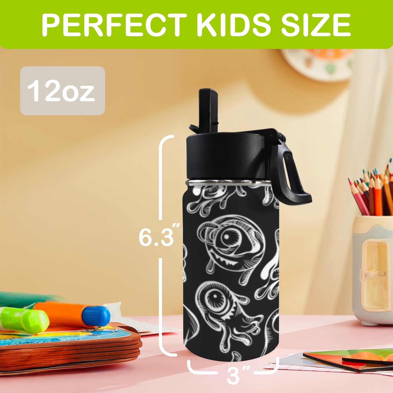 Monsters In Black And White 12oz Kids Water Bottle with Straw Lid