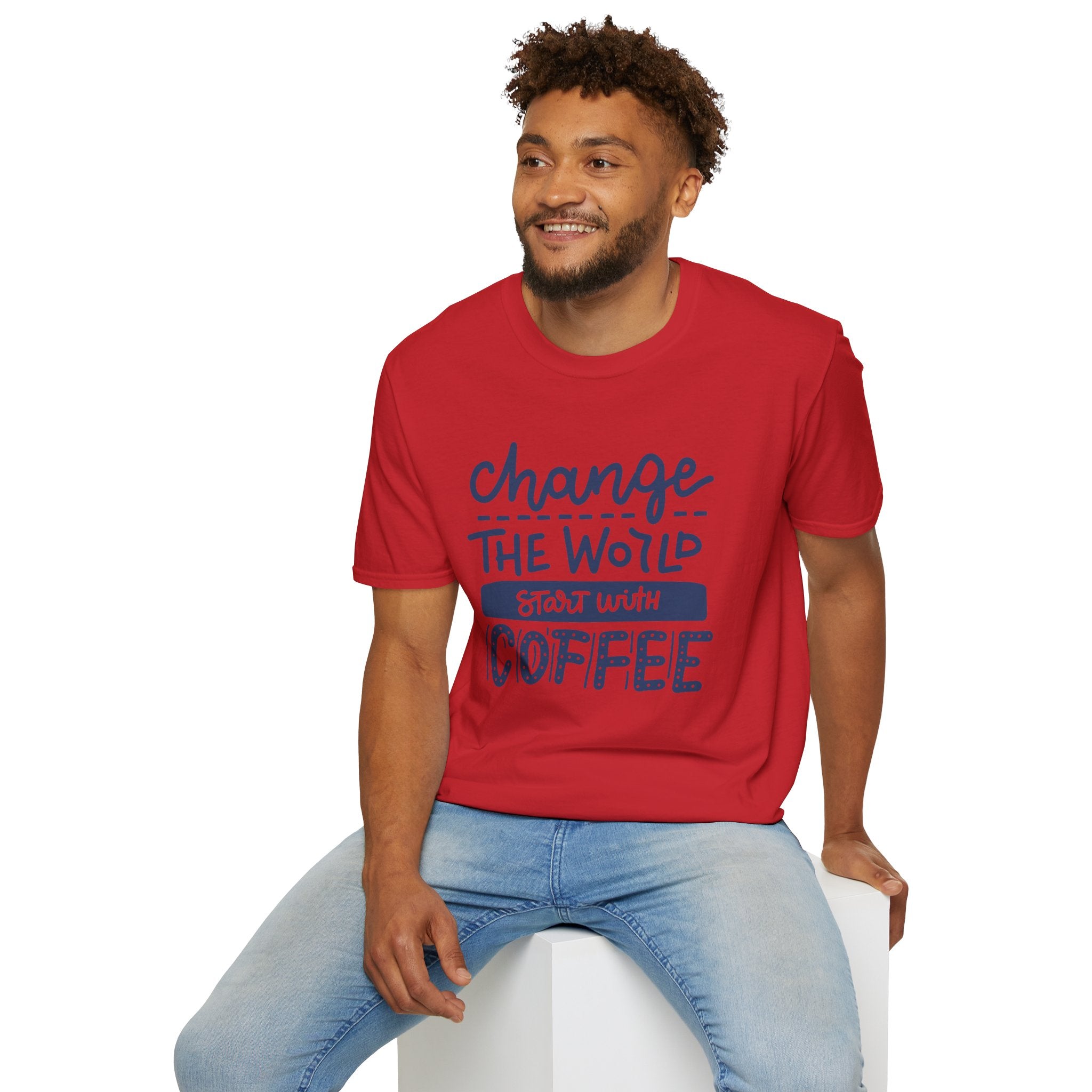 Change The World, Start With Coffee - Unisex Softstyle T-Shirt