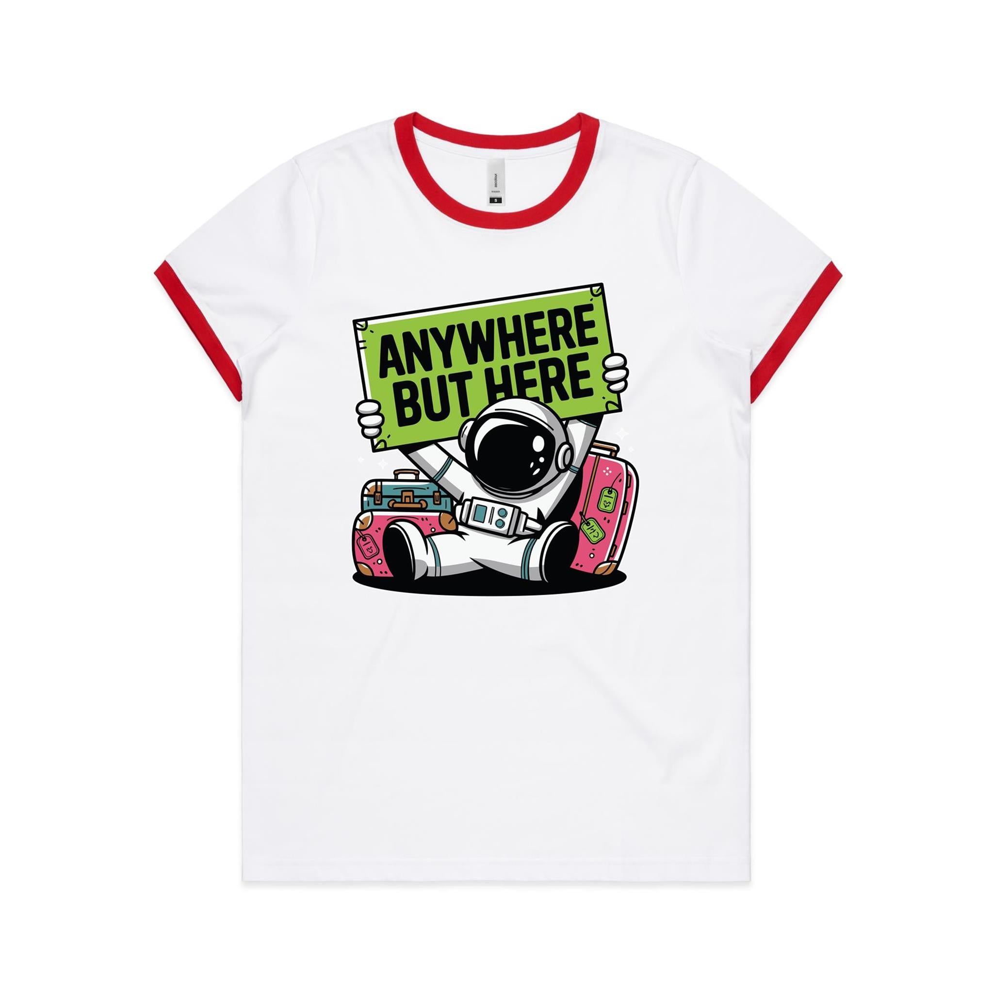 Astronaut, Anywhere But Here - Women's Ringer Tee White Red Womens Ringer T-shirt Printed In Australia Space