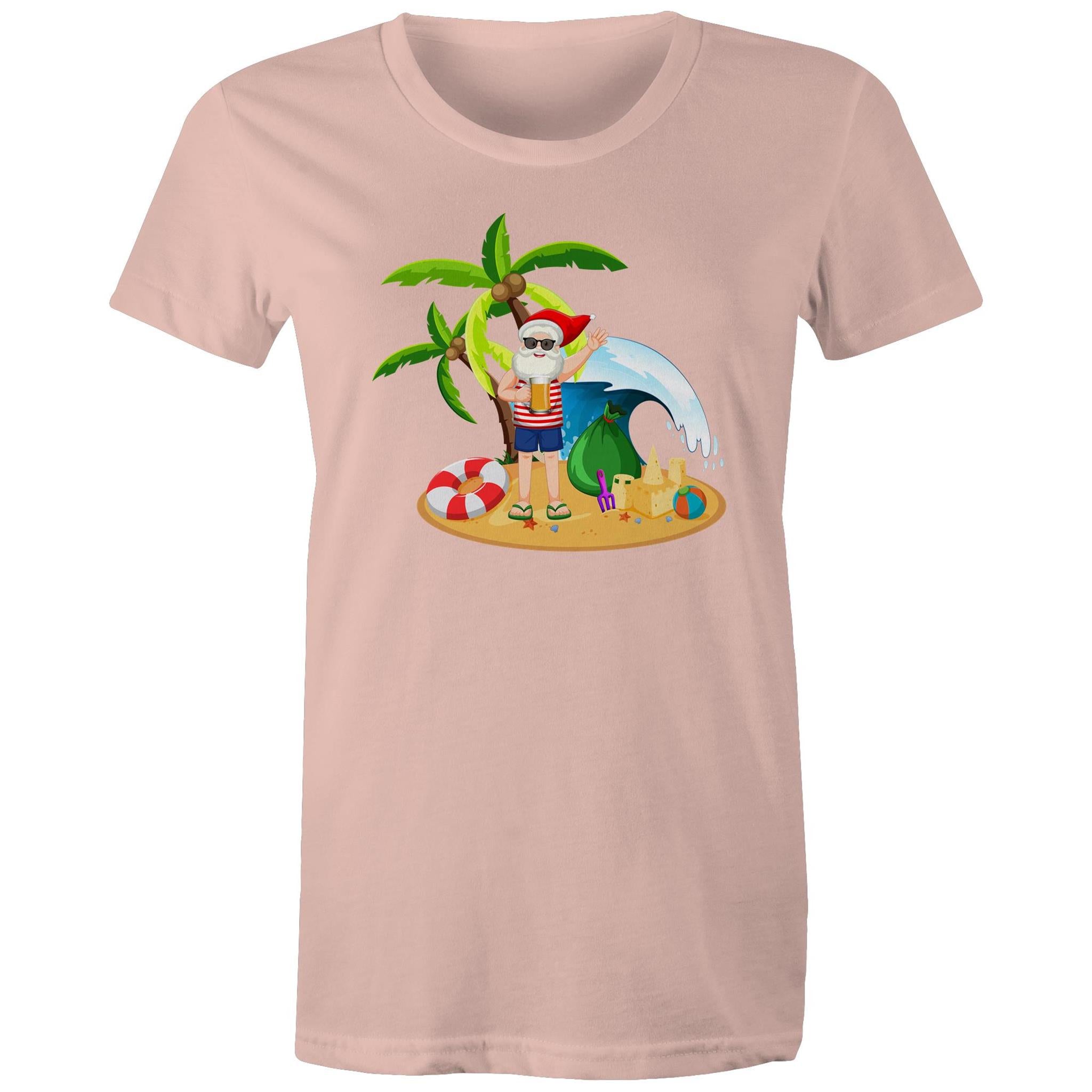 Summer Surf Santa - Womens T-shirt Pale Pink Womens Christmas T-shirt Christmas Printed In Australia