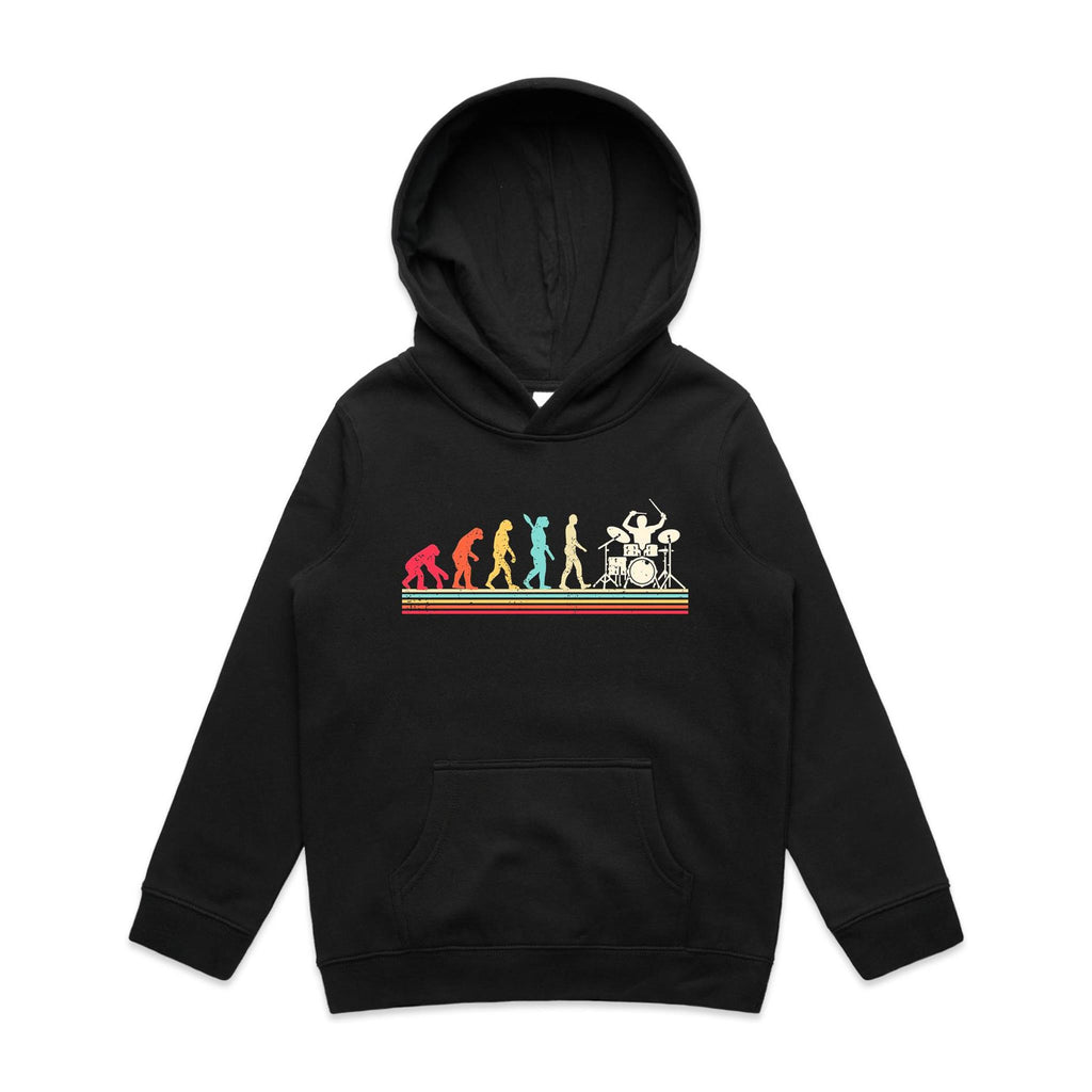 Drummer Evolution - Kids Hoodie Black Kids Hoodie Music Printed In Australia