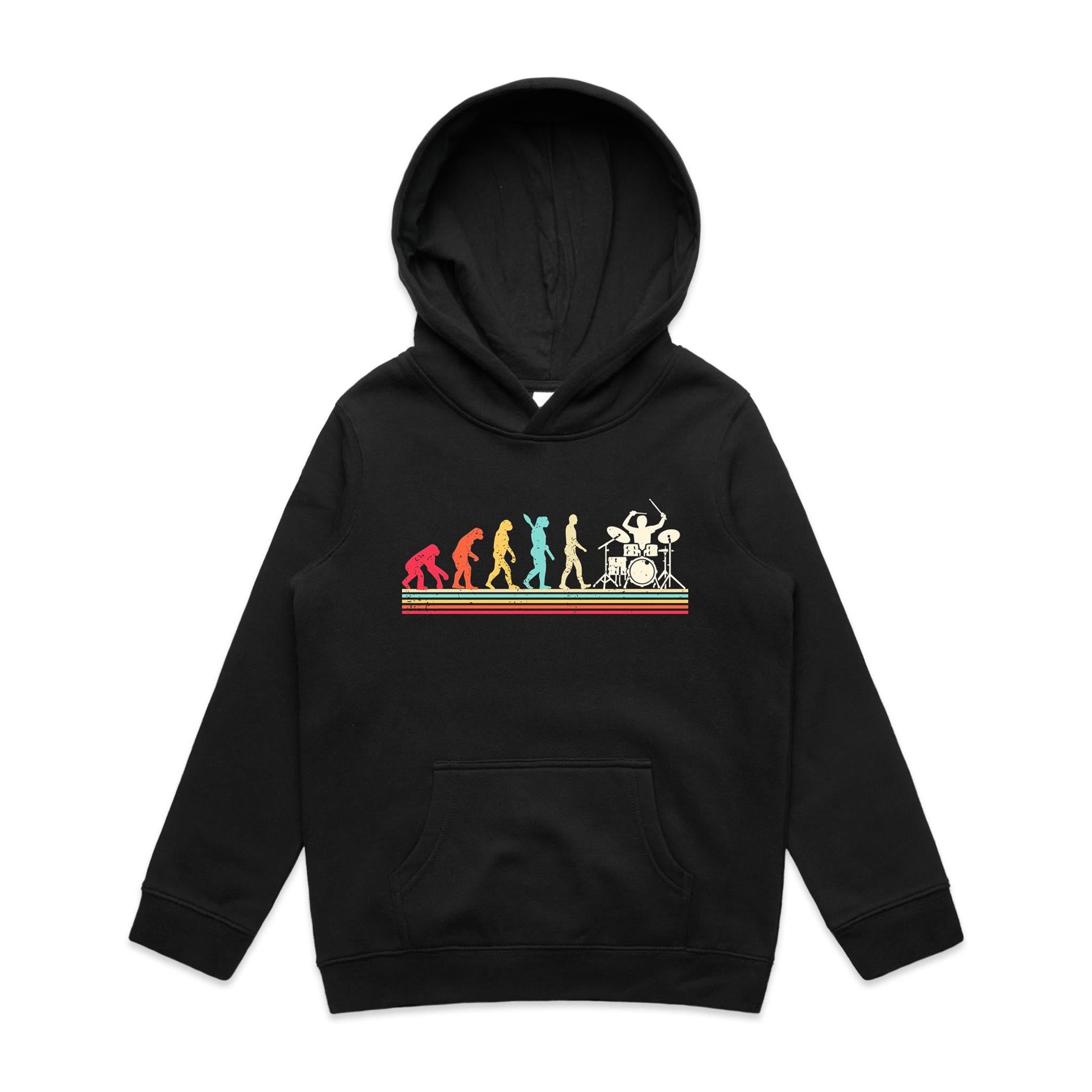 Drummer Evolution - Kids Hoodie Black Kids Hoodie Music Printed In Australia