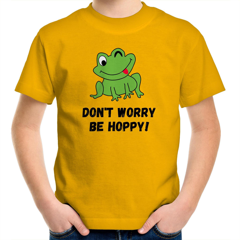 Don't Worry Be Hoppy, Frog - Kids Youth T-Shirt Gold Kids Youth T-shirt animal Printed In Australia