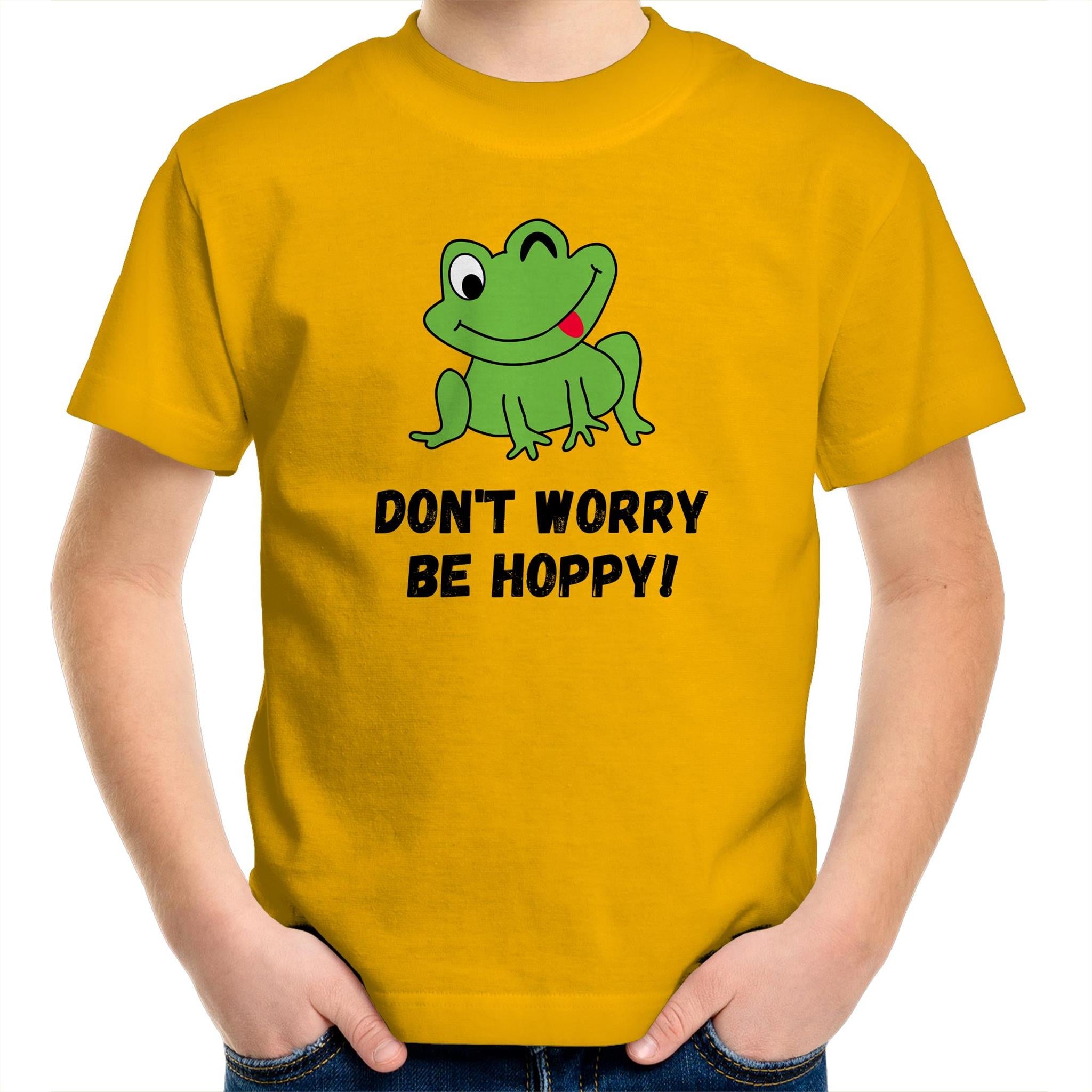 Don't Worry Be Hoppy, Frog - Kids Youth T-Shirt Gold Kids Youth T-shirt animal Printed In Australia