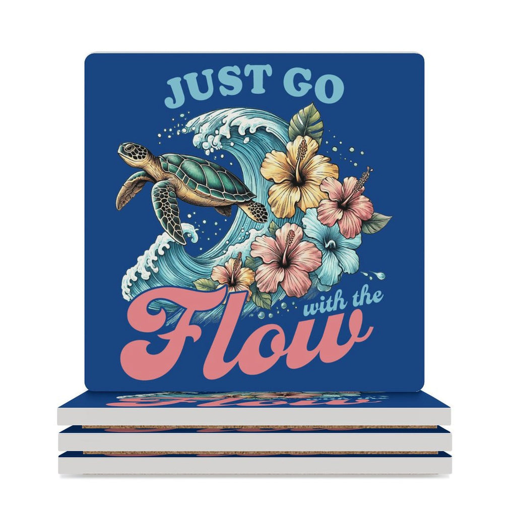 Just Go With The Flow, Turtle - Ceramic Coasters (Square) white Ceramic Coasters animal Printed Offshore