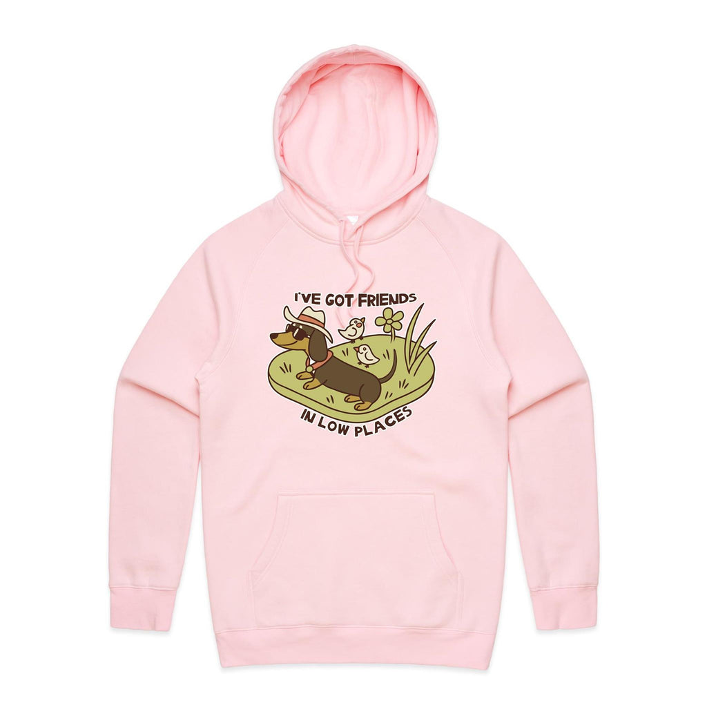 Dachshund, I've Got Friends In Low Places Men's AS Colour Hoodie Pink Mens Hoodie animal Printed In Australia